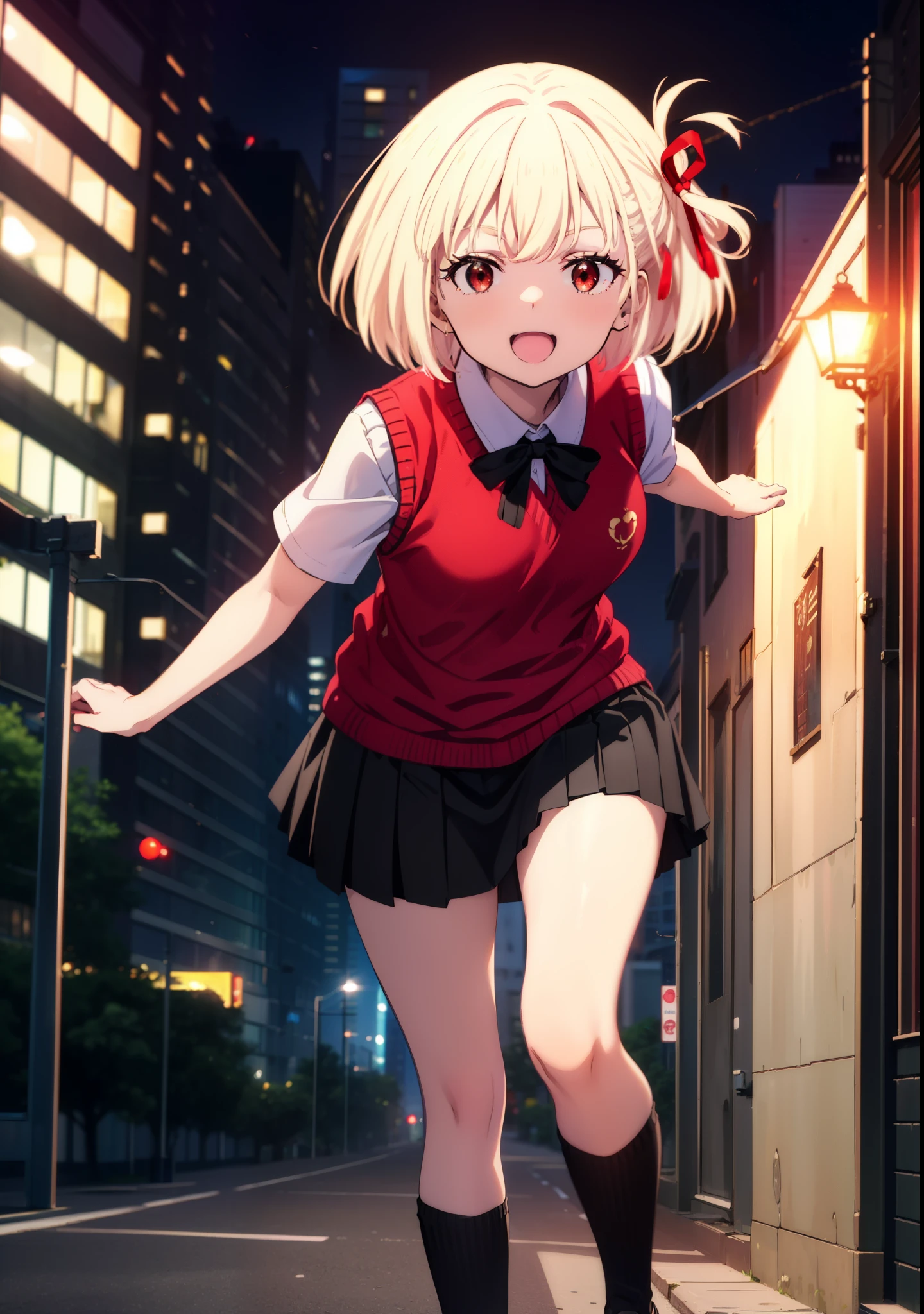 chisatonishikigi, Chisato Nishikigi, short hair, bangs, Blonde, (Red eyes:1.5), hair ribbon, One side up, Bobcut,happy smile, smile, Open your mouth,
white yシャツ, Short sleeve, Pleated skirt, socks, Collared shirt, mini skirt, Black pantyhose, (Black Skirt:1.5), Sweater vest, (red Sweater vest:1.5),Brown loafers,morning,morning陽,The sun is rising,Walking,whole bodyがイラストに入るように,Looking up from bottom to top,
break outdoors, city,
break looking at viewer, whole body,
break (masterpiece:1.2), highest quality, High resolution, unity 8k wallpaper, (figure:0.8), (Beautiful fine details:1.6), Highly detailed face, Perfect lighting, Highly detailed CG, (Perfect hands, Perfect Anatomy),