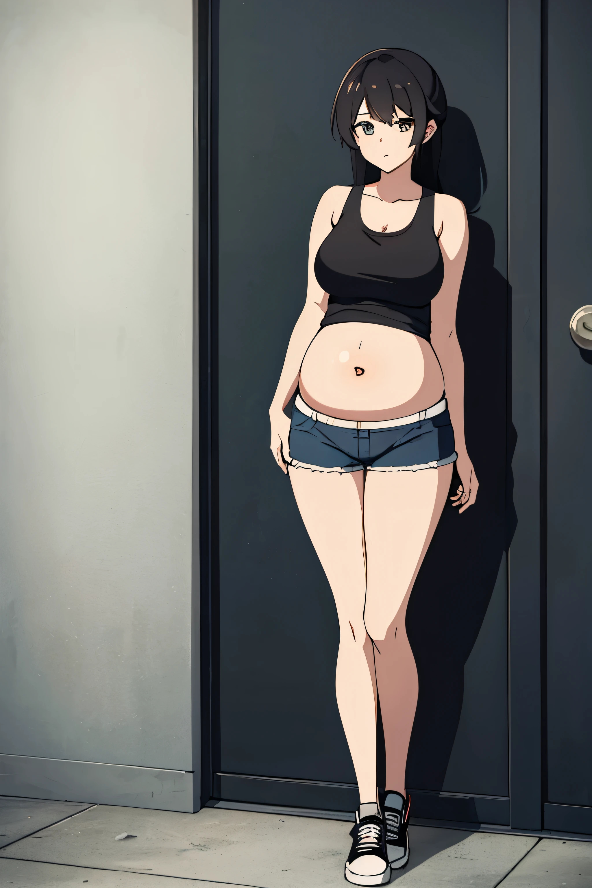 9th month of pregnancy, girl, 24 year old female, black tank, shorts, full body, tall