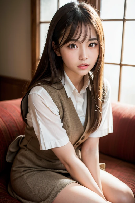 highest quality, Face Focus, Soft Light, Ultra-high resolution, (Realistic:1.4), RAW Photos,
Japanese Idols,Japanese actress , alone, very cute and beautiful face , (pupil, Light in your eyes),  Beautiful face in every detail, (),(High resolution detail of human skin texture),
(Long Hair),
Sit on the sofa,
, Charcoal vest, skirt,
(Upper thigh)