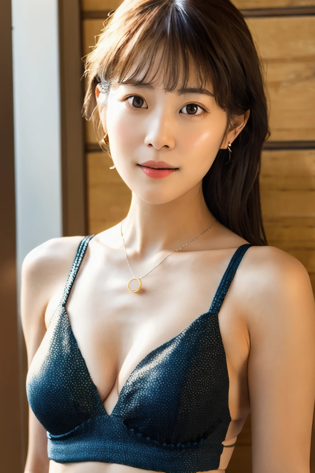 Skinny Japanese woman, Dressed, small head, cute face, detailed face, detailed eyes, (photographrealistic:1.4), (Hyper realistic:1.4), (Realistic:1.3), (Smoother lighting:1.05), (increase cinematic lighting quality:0.9), 32K, 1girl in, 30-years old, Realistic lighting, Backlighting, Light on Face, raytrace, (Brightening light:1.2), (Increase quality:1.4), (Top quality real texture skins:1.4), Black underwear, a necklace, Very thin waist, slender legs, (Increase body line mood:1.1), (Increase the beauty of skin texture:1.1)