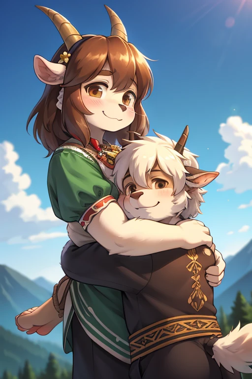 rear Bokeh , focus face , 1 hairy goat girl and 1 grandpa, realistic hairy fur , round face , Swollen cheeks , smile , Hair ties , (Swiss traditional costume) , Why can I hear the whistle so far away, Why are those clouds waiting for me,Tell me, Grandpa, in the Mountains in Alm , front view , back shot , side view , Dutch angle , Hug Grandpa , look at grandpa