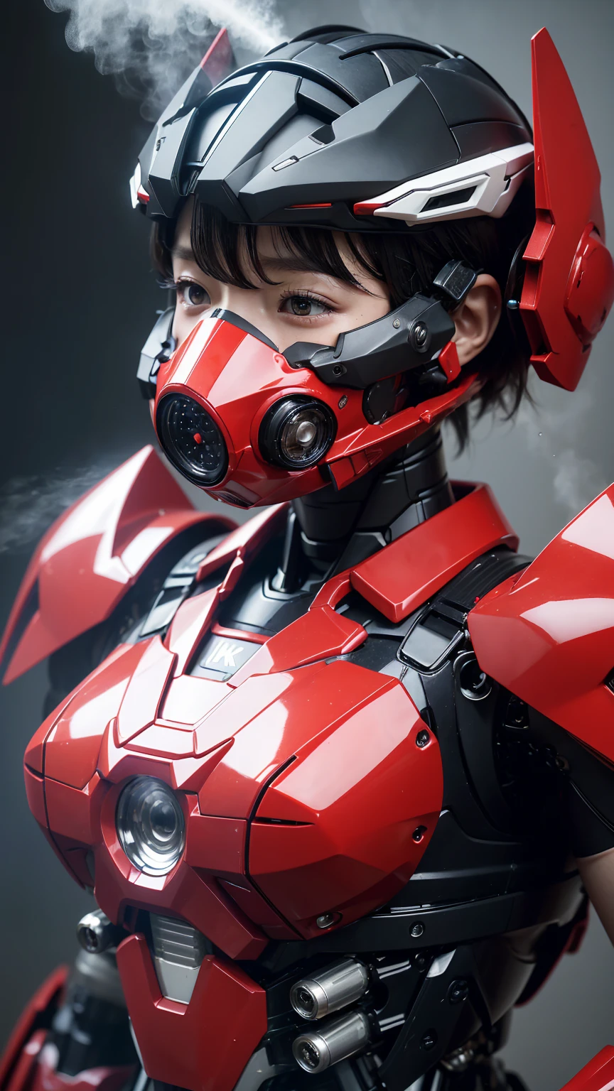 最high quality非常に詳細, Advanced Details, high quality, 最high quality, High resolution, 1080p, hard disk, beautiful,(War Machine),(headgear),See the big picture,beautifulサイボーグ女性,Shining red mecha cyborg girl,Battle Mode,Mecha Body Girl　8k bright red body armor　Elementary school girl　Sweaty face　pretty girl　short hair　Gas mask with extension nozzle　short hairボーイッシュ　((Steam from head))　My hair is wet with sweat　Black Hair, (Steam coming out of the mouth)　Drooling from the mouth　Full body portrait　Droopy eyes　Gentle expression