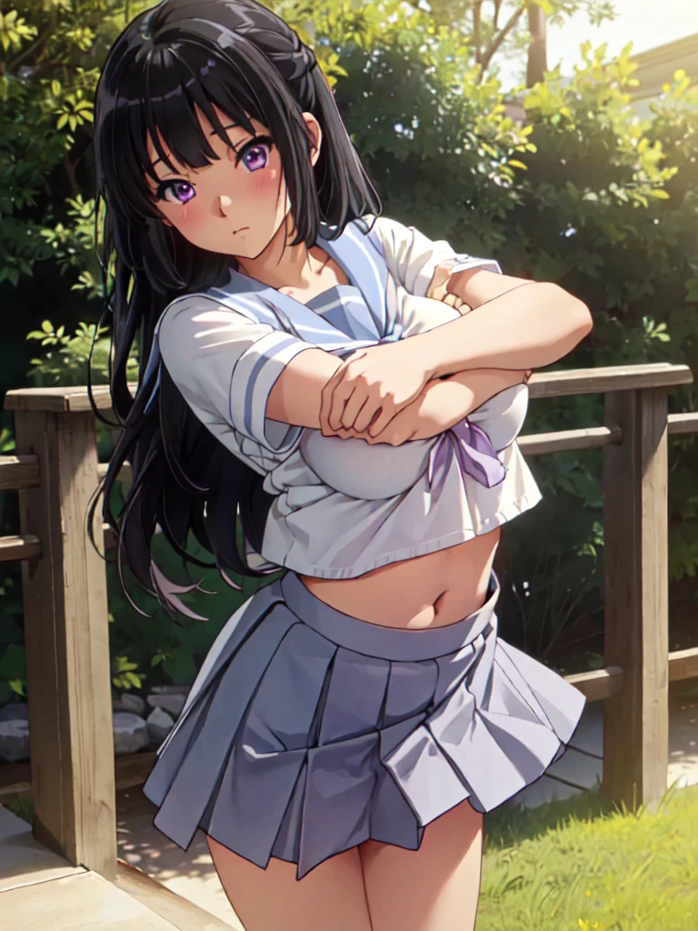masterpiece, best quality, ultra detailed, highres, extremely detailed CG unity 8k wallpaper, perfect lighting,  very detailed background, Outdoor、beautiful and aesthetic,sharp focus, perfect face, Perfect hands、Perfect Fingers、Perfect toes、Five fingers、
look down、Upper Body、Fair skin、Blushing、Blunt bangs、(Hide your arms behind your body:1.2)、(twinkle(in the eyes):1.2)、(Pull up your skirt:1.5)、Staring at the audience、black_hair, long_hair, purple_eyes, blush, bangs, closed_mouth, serafuku, blurry、kousaka reina、(Large Breasts)、Underboob、belly button、Cleavage