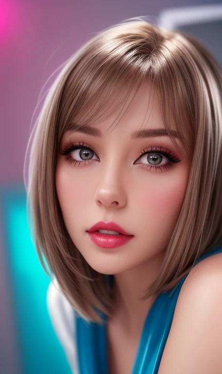 Ultra realistic ((Top Quality、16K、​masterpiece:1.3))、a tall and beautiful woman、Perfect Figure:1.4、retro futuristic aesthetic, young woman (charming) solo, pale-brown hair (short hairstyle), realistic hair, realistic eyes, pale-white skin (highlighted, realistic shading)、huge bust、Highly detailed facial and skin texture、(A detailed eye, Symmetry Eyes, Clear realistic eyes, Double eyelidd、Cold-stricken face、Symmetrical face), very  realistic skin, goth makeup, Royal sisters full of fans、The Telegraph Esbian、peach buttocks, white women's shirt, alternative skirt, black tights,  squart、(Raw foto:1.2)、((Photorealcitic:1.4))Top Quality、​masterpiece、Real Photography、very delicate and beautiful.、super detailed CG、Unity、8K photo wallpaper、delicate detail、best qualtiy、Highly detailed CG unity 16k wallpaper、absurderes、Incredibly Absurd、huge file size、extremely highly detailed、Hight Resolution、ighly Details、Beautiful detail girl、extremely beautiful eyes and face, cute eyes look、Facial light、cinematic lightings、(Proportional hips, thick thighs, beautiful legs, realistic pantyhose) 1girll、see -through, inside a futuristic bedroom, neon soft lights in the dark room environment (soft magenta, cyan and pale-yellow ambient lights) , dream atmosphere、ulzzang-6500、The Telegraph Esbian, different poses at different angles,