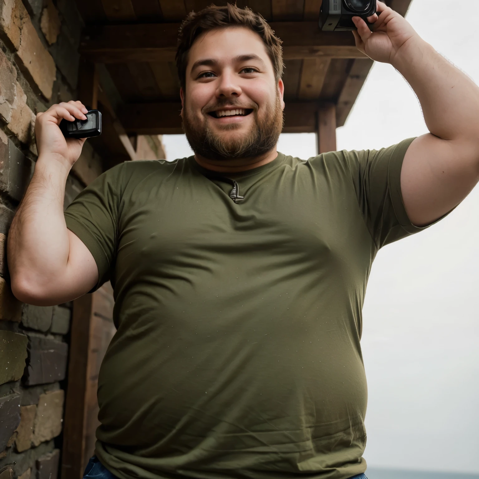 Chubby dad with brown beard and olive green eyes holding a camera very happy