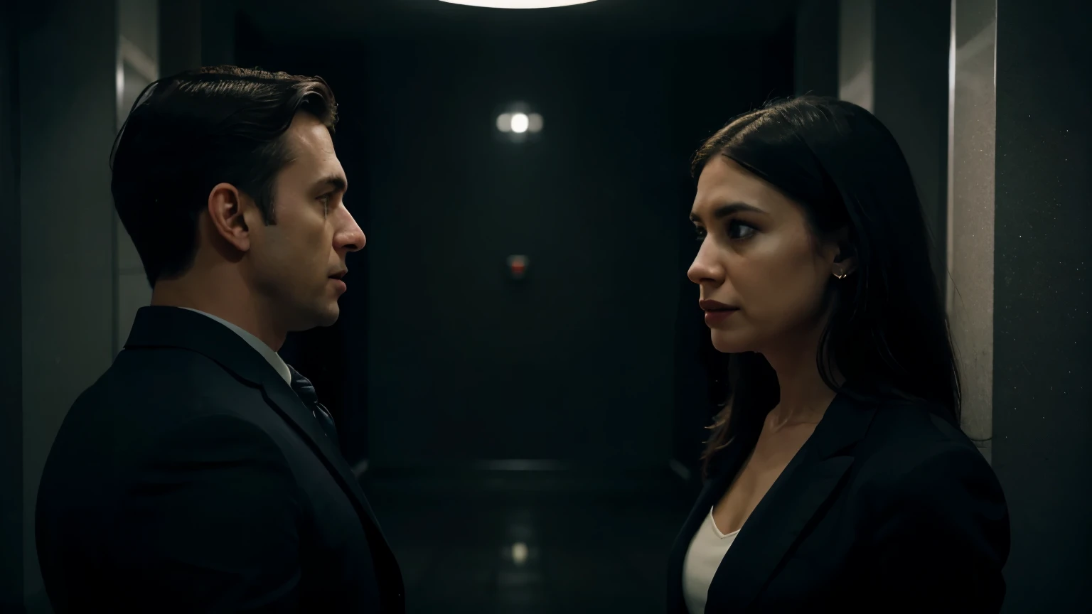A very scared woman talking to a man in a lobby of a building at night very dark 8K image