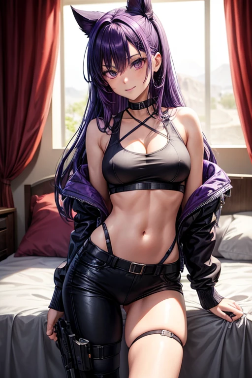Draw Misha Fox, an anime-style female character.  straight purple hair reaching the middle of her back, thin purple eyebrows, purple eyes, smile.  small and firm breasts, thin waist, big and perky ass, athletic body.  wearing tight black combat clothes highlighting her cleavage, cocking a Desert Eagle pistol ready to go on a mission.  scene of a dark room with only moonlight coming through the window.  full of weapons scattered on the bed.  hair tied up, holster on the right thigh, wearing combat pants and a top with a daring neckline.  holding the Desert Eagle pistol in his right hand pointing forward aiming at the viewer with isometric perspective.  breasts on display.