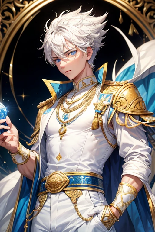 Sultan, 18 year old man, messy white hair, blue eyes, blue Arab clothing, light blue vest with white prints, gold belt, white pants, gold pendant with Arab symbol with sapphire gems, gold rings on both. hands build slim muscular
