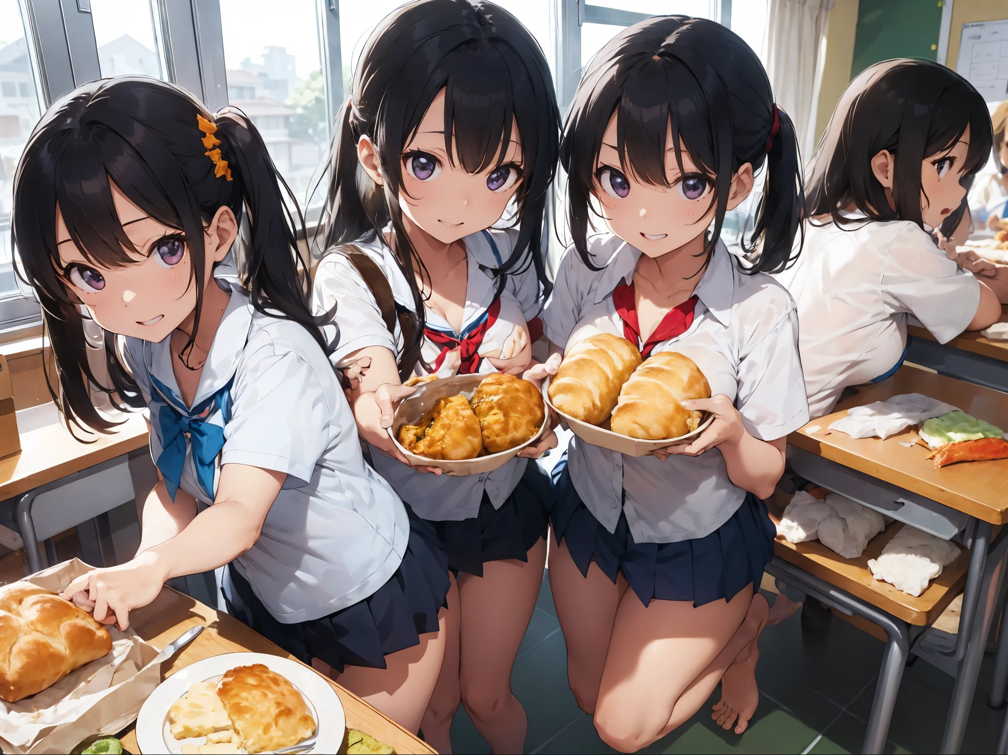School classroom、Ampang、ordinary bread、Curry bread、Melon bread、Crowded、butter、cheese、Light blue micro bikini big breasted sisters hug、barefoot