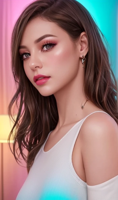 Ultra realistic ((Top Quality、16K、masterpiece:1.3))、a tall and beautiful woman、Perfect Figure:1.4、retro futuristic aesthetic, young woman (charming) solo, pale-brown hair (short hairstyle), realistic hair, realistic eyes, pale-white skin (highlighted, realistic shading)、huge bust、Highly detailed facial and skin texture、(A detailed eye, Symmetry Eyes, Clear realistic eyes, Double eyelidd、Cold-stricken face、Symmetrical face), very realistic skin, goth makeup, Royal sisters full of fans、The Telegraph Esbian、peach buttocks, white women's shirt, alternative skirt, black tights, squart、(Raw foto:1.2)、((Photorealcitic:1.4))Top Quality、masterpiece、Real Photography、very delicate and beautiful.、super detailed CG、Unity、8K photo wallpaper、delicate detail、best qualtiy、Highly detailed CG unity 16k wallpaper、absurderes、Incredibly Absurd、huge file size、extremely highly detailed、Hight Resolution、ighly Details、Beautiful detail girl、extremely beautiful eyes and face, cute eyes look、Facial light、cinematic lightings、(Proportional hips, thick thighs, beautiful legs, realistic pantyhose) 1girll、see -through, inside a futuristic bedroom, neon soft lights in the dark room environment (soft magenta, cyan and pale-yellow ambient lights) , dream atmosphere、ulzzang-6500、The Telegraph Esbian, different poses at different angles,