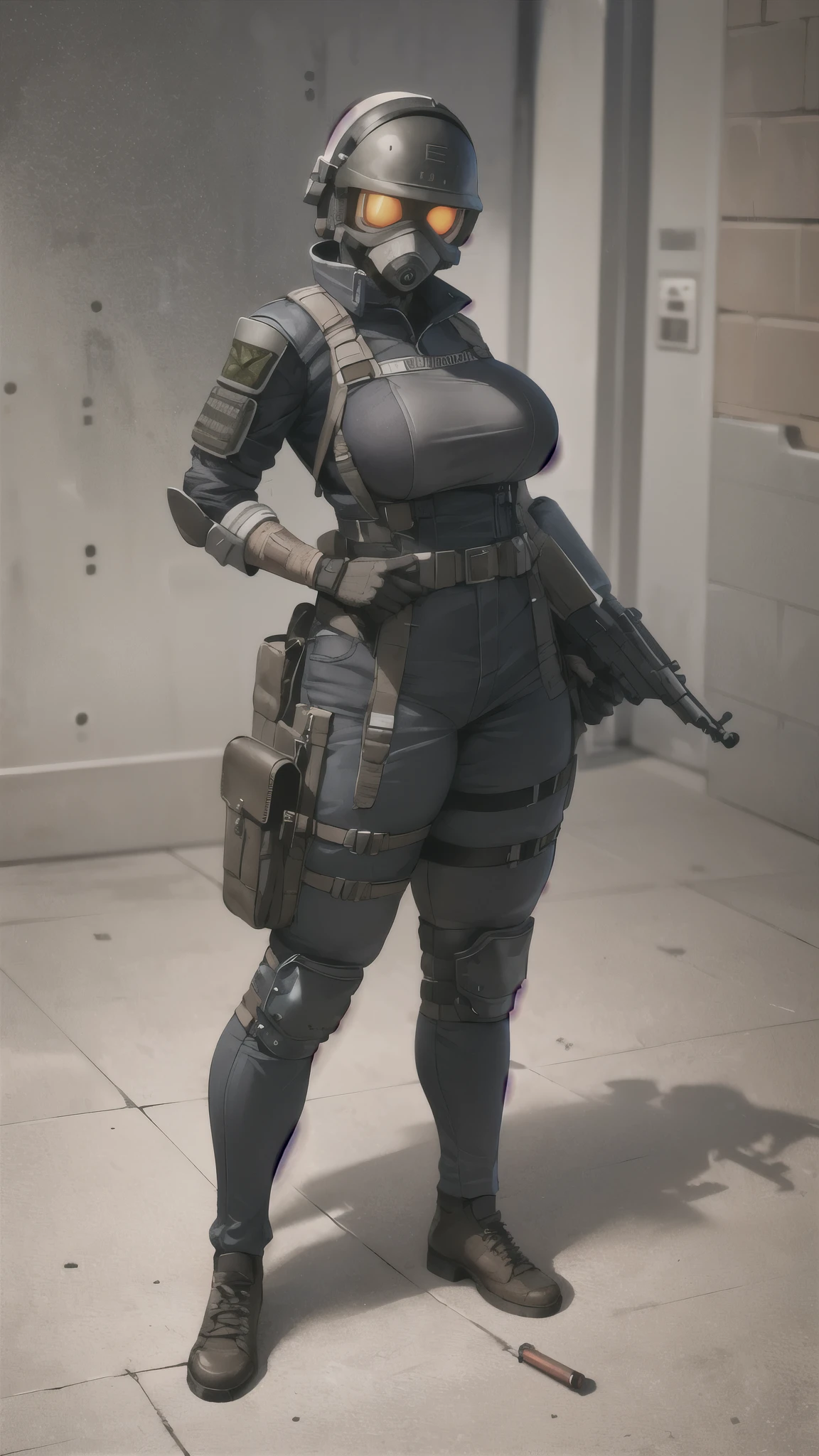 combine soldier, 1girl, solo, standing, helmet, gloves, looking at viewer, facing viewer, military, science fiction, jumpsuit, bulletproof vest, breasts, wide hips, skintight, combat boots, coat around waist, mechanic girl, holster, chest rig, ammo pouches, satchel, toolbelt, vest collar, body armor, shoulder pads, thigh pads, kneepads, armor, high quality shadows, glowing eyes, straps, shotgun shells, menacing, thick thighs, riot gear, riot helmet, bullet proof visor, padded armor, viewing side, helmet accessories, accessories, skin indentation, large breasts,