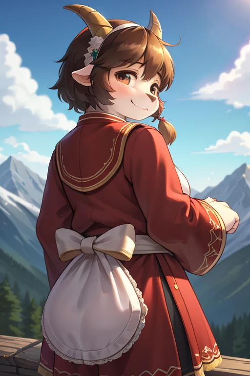 rear Bokeh , focus face , 2 hairy goat girl , realistic hairy fur , round face , Swollen cheeks , smile , Hair ties , (Swiss traditional costume) , Why can I hear the whistle so far away, Why are those clouds waiting for me,Tell me, Grandpa, in the Mountains in Alm , front view , back shot , side view , Dutch angle , Hug Grandpa , look at someone