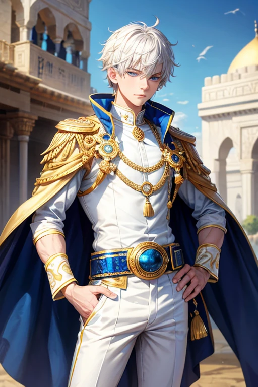 Sultan, 18 year old man, messy white hair, blue eyes, blue Arab clothing, light blue vest with white prints, gold belt, white pants, gold pendant with Arab symbol with sapphire gems, gold rings on both. hands build slim muscular