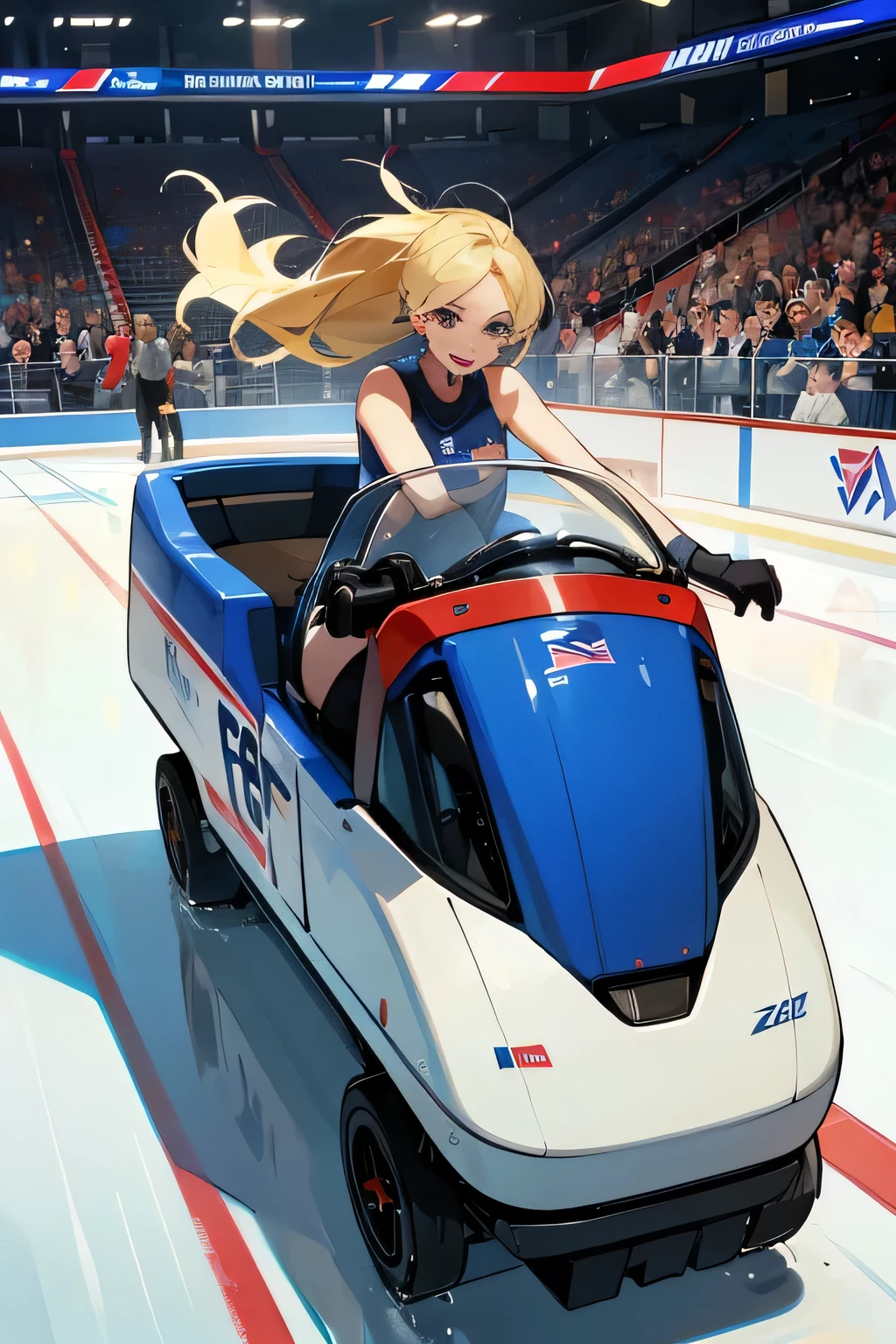 (a game:Hockey),(New York Rangers),(Zamboni), (blonde woman driving Zamboni),(on ice rink), (hockey players on ice),(Zamboni driving toward players),(New York Rangers on Zamboni),(birds eye view).