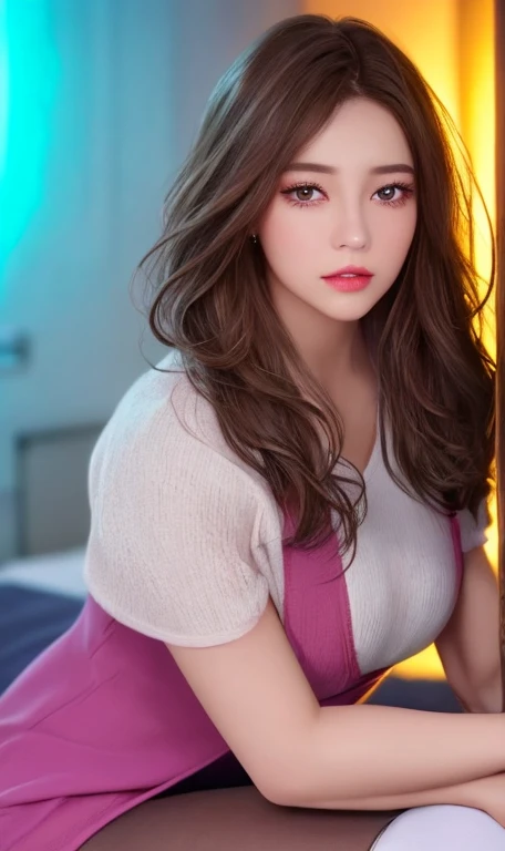 Ultra realistic ((Top Quality、16K、masterpiece:1.3))、a tall and beautiful woman、Perfect Figure:1.4、retro futuristic aesthetic, young woman (charming) solo, pale-brown hair (short hairstyle), realistic hair, realistic eyes, pale-white skin (highlighted, realistic shading)、huge bust、Highly detailed facial and skin texture、(A detailed eye, Symmetry Eyes, Clear realistic eyes, Double eyelidd、Cold-stricken face、Symmetrical face), very realistic skin, goth makeup, Royal sisters full of fans、The Telegraph Esbian、peach buttocks, white women's shirt, alternative skirt, black tights, squart、(Raw foto:1.2)、((Photorealcitic:1.4))Top Quality、masterpiece、Real Photography、very delicate and beautiful.、super detailed CG、Unity、8K photo wallpaper、delicate detail、best qualtiy、Highly detailed CG unity 16k wallpaper、absurderes、Incredibly Absurd、huge file size、extremely highly detailed、Hight Resolution、ighly Details、Beautiful detail girl、extremely beautiful eyes and face, cute eyes look、Facial light、cinematic lightings、(Proportional hips, thick thighs, beautiful legs, realistic pantyhose) 1girll、see -through, inside a futuristic bedroom, neon soft lights in the dark room environment (soft magenta, cyan and pale-yellow ambient lights) , dream atmosphere、ulzzang-6500、The Telegraph Esbian, different poses at different angles,