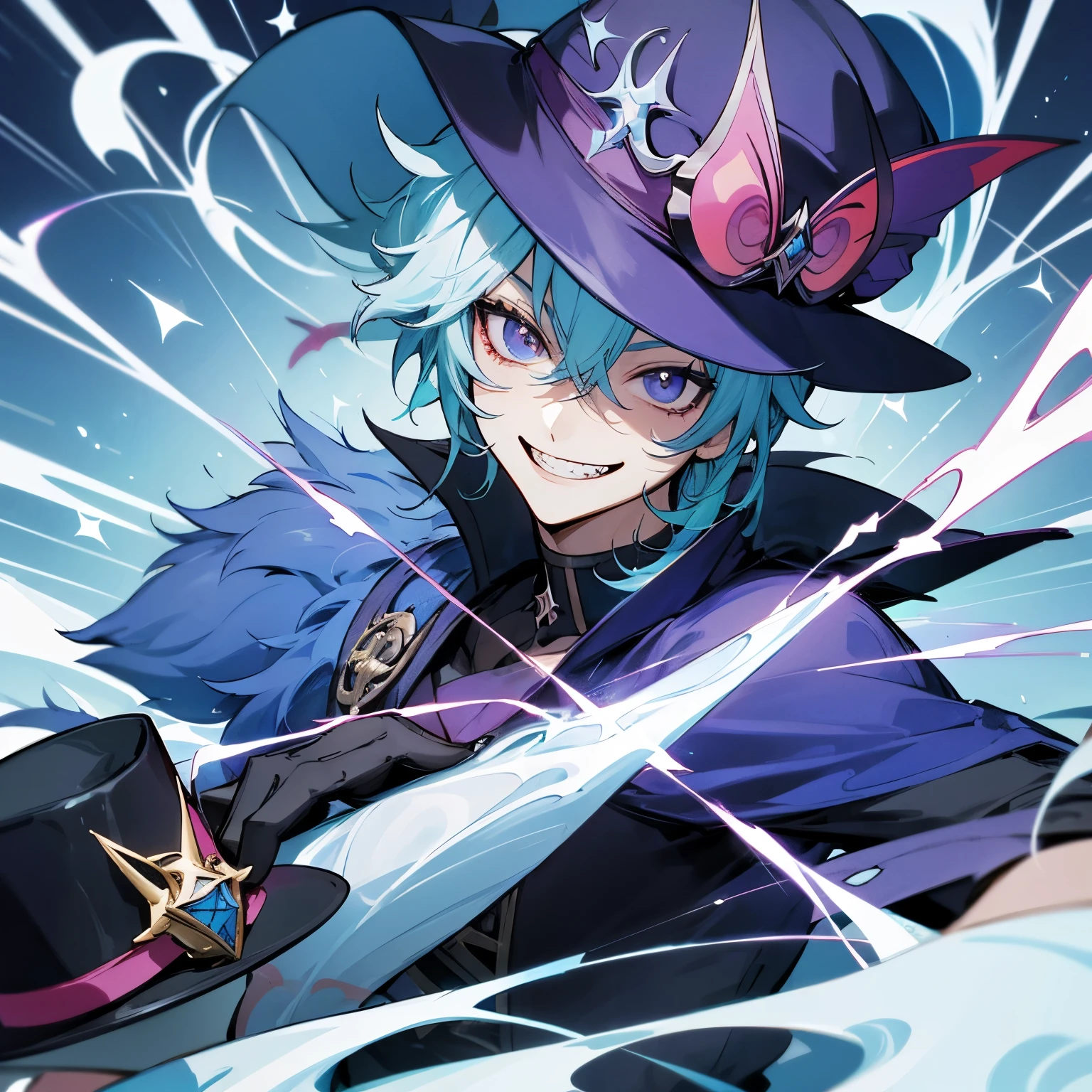 Scaramouche (genshin impact), grinning, holding his hat, boy