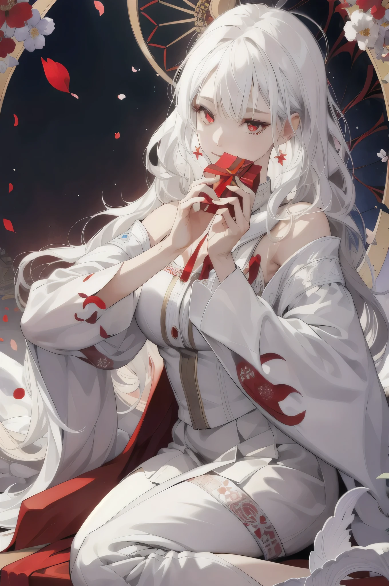 (absurd, high resolution, Super detailed), 1 Girl, Mature female, Wavy white hair, Long hair, Bangs, Red Eyes, White red skirt, Exquisite eyes and face details, Extremely detailed CG Unity 8K wallpaper, Intricate details, rest , Kaleidoscope of imagery, Symmetrical pattern, Vibrant colors, Geometry, Fascinating design, Visual illusion, dynamic composition rest , Mime Art, Expressive body language, Silent storytelling, Evocative gestures, Visual Storytelling, theatrical performances rest , Blooming flowers, Colorful petals, aromatic smell, A gift from nature, Vibrant garden, Tranquil scenery