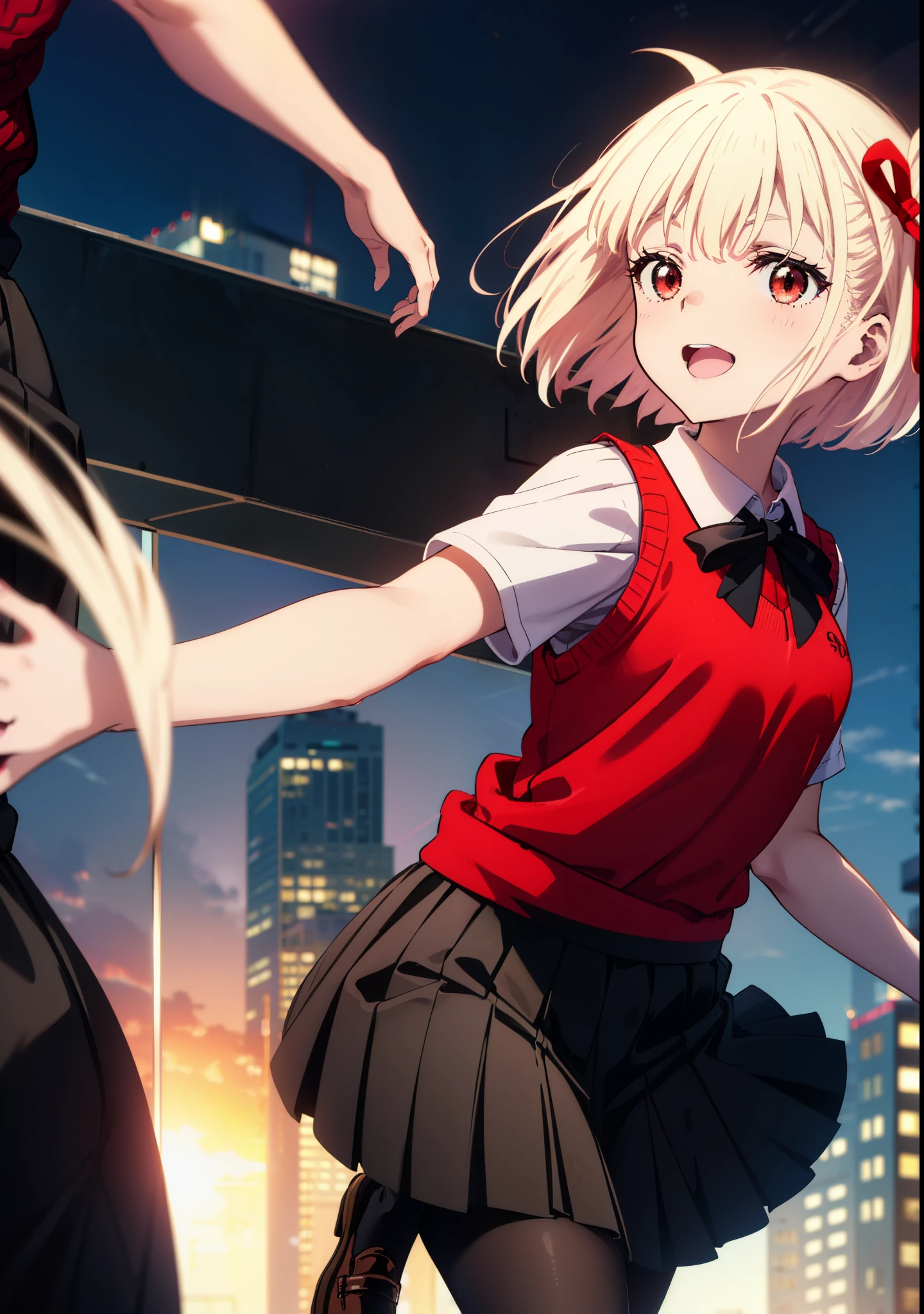 chisatonishikigi, Chisato Nishikigi, short hair, bangs, Blonde, (Red eyes:1.5), hair ribbon, One side up, Bobcut,happy smile, smile, Open your mouth,
white yシャツ, Short sleeve, Pleated skirt, socks, Collared shirt, mini skirt, Black pantyhose, (Black Skirt:1.5), Sweater vest, (red Sweater vest:1.5),Brown loafers,morning,morning陽,The sun is rising，Walking，whole bodyがイラストに入るように,Looking up from bottom to top,
break outdoors, city,
break looking at viewer, whole body,
break (masterpiece:1.2), highest quality, High resolution, unity 8k wallpaper, (figure:0.8), (Beautiful fine details:1.6), Highly detailed face, Perfect lighting, Highly detailed CG, (Perfect hands, Perfect Anatomy),