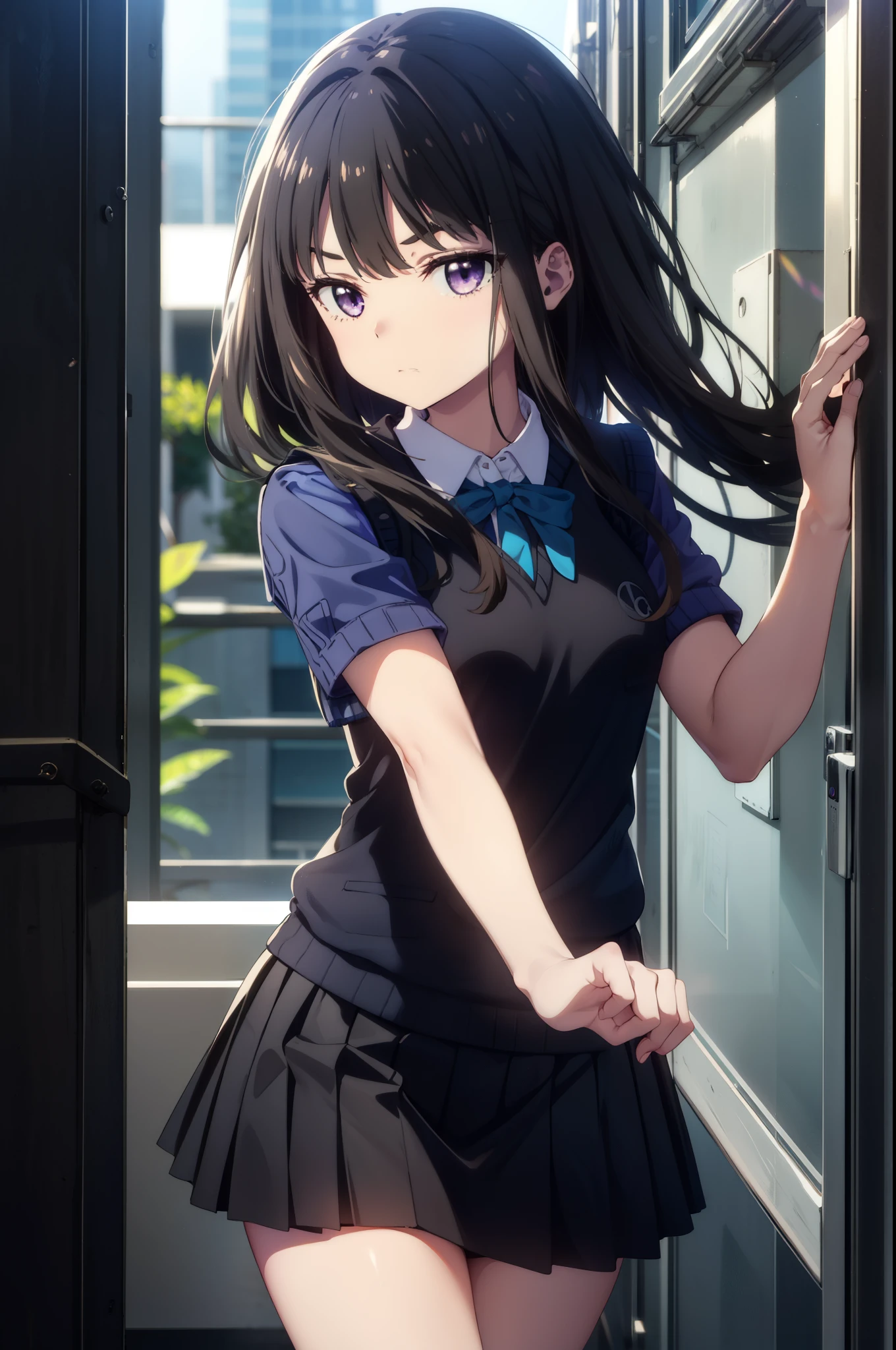 Takiuchi, Inoue Check, Long Hair, bangs, Black Hair, (Purple eyes:1.2),
white yシャツ, Short sleeve, Pleated skirt, socks, Collared shirt, mini skirt, Black pantyhose, (Black Skirt:1.5), Sweater vest, (blue Sweater vest:1.5),Brown loafers,Daytime,Clear skies,Walking，whole bodyがイラストに入るように,　　　break looking at viewer, whole body, 
break indoors, School　corridor,
break looking at viewer, (Cowboy Shot:1.5),
break (masterpiece:1.2), highest quality, High resolution, unity 8k wallpaper, (figure:0.8), (Beautiful fine details:1.6), Highly detailed face, Perfect lighting, Highly detailed CG, (Perfect hands, Perfect Anatomy),