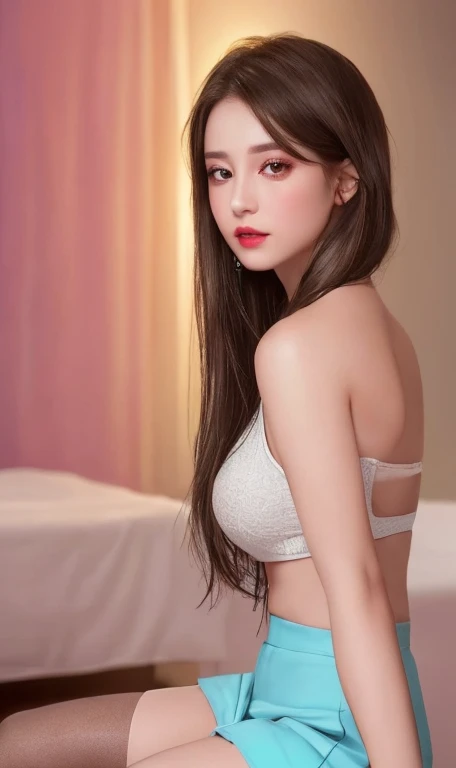 Ultra realistic ((Top Quality、16K、​masterpiece:1.3))、a tall and beautiful woman、Perfect Figure:1.4、retro futuristic aesthetic, young woman (charming) solo, pale-brown hair (short hairstyle), realistic hair, realistic eyes, pale-white skin (highlighted, realistic shading)、huge bust、Highly detailed facial and skin texture、(A detailed eye, Symmetry Eyes, Clear realistic eyes, Double eyelidd、Cold-stricken face、Symmetrical face), very  realistic skin, goth makeup, Royal sisters full of fans、The Telegraph Esbian、peach buttocks, white women's shirt, alternative skirt, black tights,  squart、(Raw foto:1.2)、((Photorealcitic:1.4))Top Quality、​masterpiece、Real Photography、very delicate and beautiful.、super detailed CG、Unity、8K photo wallpaper、delicate detail、best qualtiy、Highly detailed CG unity 16k wallpaper、absurderes、Incredibly Absurd、huge file size、extremely highly detailed、Hight Resolution、ighly Details、Beautiful detail girl、extremely beautiful eyes and face, cute eyes look、Facial light、cinematic lightings、(Proportional hips, thick thighs, beautiful legs, realistic pantyhose) 1girll、see -through, inside a futuristic bedroom, neon soft lights in the dark room environment (soft magenta, cyan and pale-yellow ambient lights) , dream atmosphere、ulzzang-6500、The Telegraph Esbian, different poses at different angles,