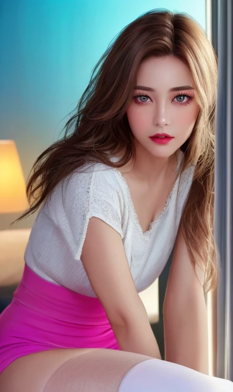Ultra realistic ((Top Quality、16K、​masterpiece:1.3))、a tall and beautiful woman、Perfect Figure:1.4、retro futuristic aesthetic, young woman (charming) solo, pale-brown hair (short hairstyle), realistic hair, realistic eyes, pale-white skin (highlighted, realistic shading)、huge bust、Highly detailed facial and skin texture、(A detailed eye, Symmetry Eyes, Clear realistic eyes, Double eyelidd、Cold-stricken face、Symmetrical face), very  realistic skin, goth makeup, Royal sisters full of fans、The Telegraph Esbian、peach buttocks, white women's shirt, alternative skirt, black tights,  squart、(Raw foto:1.2)、((Photorealcitic:1.4))Top Quality、​masterpiece、Real Photography、very delicate and beautiful.、super detailed CG、Unity、8K photo wallpaper、delicate detail、best qualtiy、Highly detailed CG unity 16k wallpaper、absurderes、Incredibly Absurd、huge file size、extremely highly detailed、Hight Resolution、ighly Details、Beautiful detail girl、extremely beautiful eyes and face, cute eyes look、Facial light、cinematic lightings、(Proportional hips, thick thighs, beautiful legs, realistic pantyhose) 1girll、see -through, inside a futuristic bedroom, neon soft lights in the dark room environment (soft magenta, cyan and pale-yellow ambient lights) , dream atmosphere、ulzzang-6500、The Telegraph Esbian, different poses at different angles,