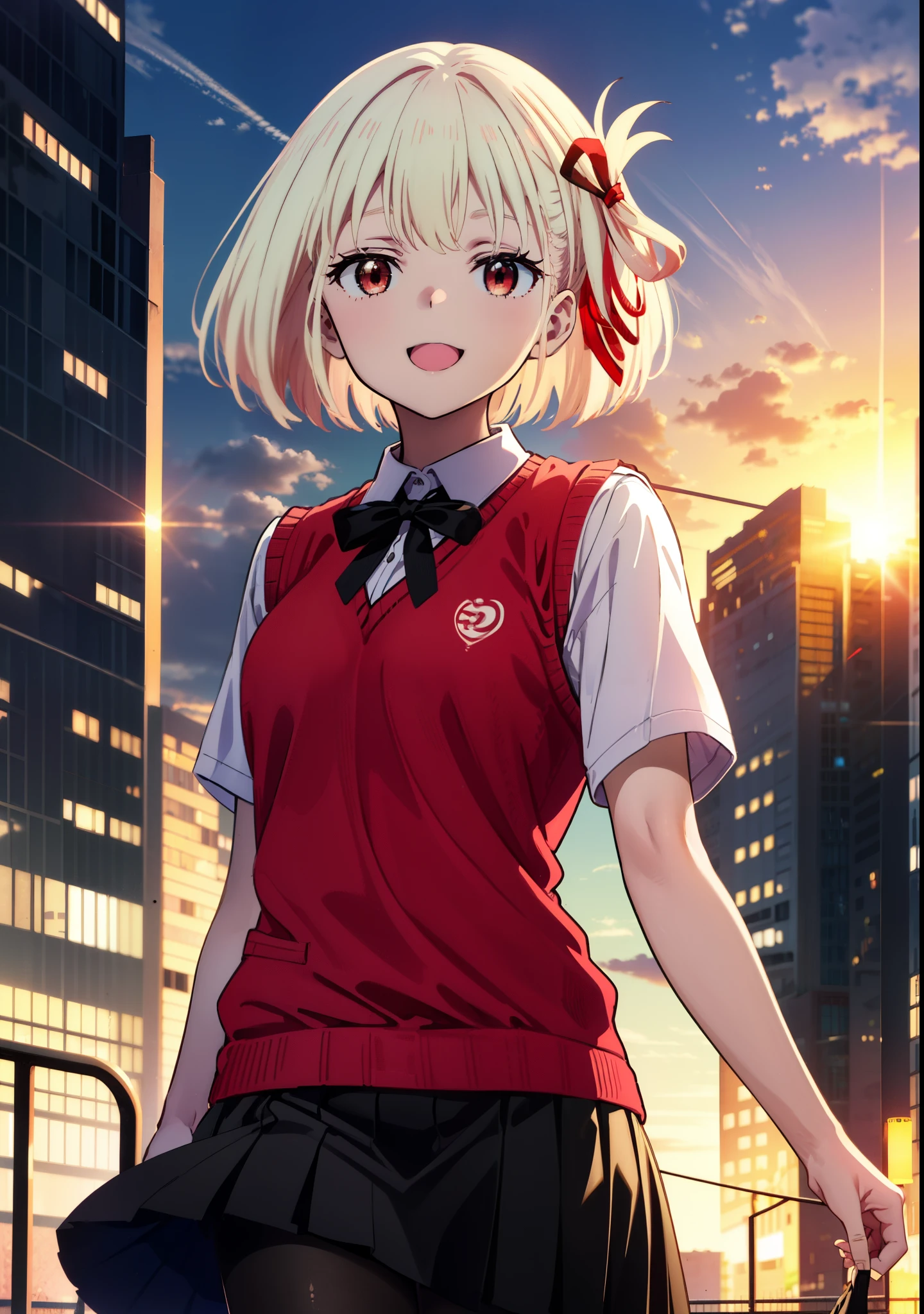 chisatonishikigi, Chisato Nishikigi, short hair, bangs, Blonde, (Red eyes:1.5), hair ribbon, One side up, Bobcut,happy smile, smile, Open your mouth,
white yシャツ, Short sleeve, Pleated skirt, socks, Collared shirt, mini skirt, Black pantyhose, (Black Skirt:1.5), Sweater vest, (red Sweater vest:1.5),Brown loafers,morning,morning陽,The sun is rising，Walking，whole bodyがイラストに入るように,Looking up from bottom to top,
break outdoors, city,
break looking at viewer, whole body,
break (masterpiece:1.2), highest quality, High resolution, unity 8k wallpaper, (figure:0.8), (Beautiful fine details:1.6), Highly detailed face, Perfect lighting, Highly detailed CG, (Perfect hands, Perfect Anatomy),