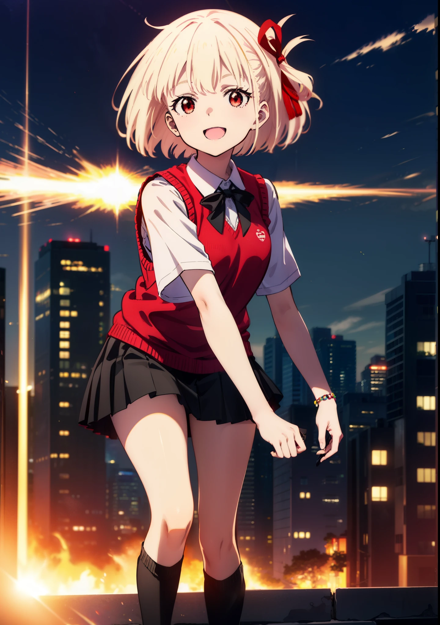 chisatonishikigi, Chisato Nishikigi, short hair, bangs, Blonde, (Red eyes:1.5), hair ribbon, One side up, Bobcut,happy smile, smile, Open your mouth,
white yシャツ, Short sleeve, Pleated skirt, socks, Collared shirt, mini skirt, Black pantyhose, (Black Skirt:1.5), Sweater vest, (red Sweater vest:1.5),Brown loafers,morning,morning陽,The sun is rising，Walking，whole bodyがイラストに入るように,Looking up from bottom to top,
break outdoors, city,
break looking at viewer, whole body,
break (masterpiece:1.2), highest quality, High resolution, unity 8k wallpaper, (figure:0.8), (Beautiful fine details:1.6), Highly detailed face, Perfect lighting, Highly detailed CG, (Perfect hands, Perfect Anatomy),