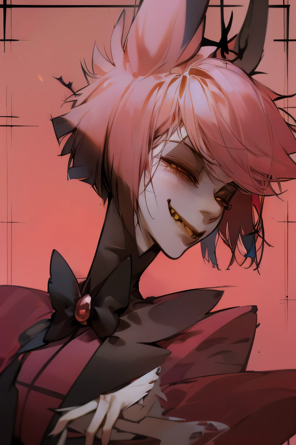 Alastor from hazbin hotel caught in a vunerable moment, character portrait, Alastor, kindness, gentle smile, vulnerable moment, romantic, gentle. Single character, solo, 1boy
