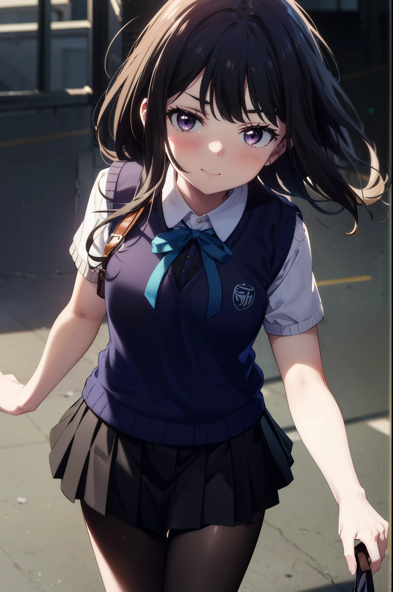 Takiuchi, Inoue Check, Long Hair, bangs, Black Hair, (Purple eyes:1.2),smile,blush,
white yシャツ, Short sleeve, Pleated skirt, socks, Collared shirt, mini skirt, Black pantyhose, (Black Skirt:1.5), Sweater vest, (blue Sweater vest:1.5),Brown loafers,Daytime,Clear skies,Walking,whole bodyがイラストに入るように, break looking at viewer, whole body,
break indoors, School corridor,
break looking at viewer, (Cowboy Shot:1.5),
break (masterpiece:1.2), highest quality, High resolution, unity 8k wallpaper, (figure:0.8), (Beautiful fine details:1.6), Highly detailed face, Perfect lighting, Highly detailed CG, (Perfect hands, Perfect Anatomy),