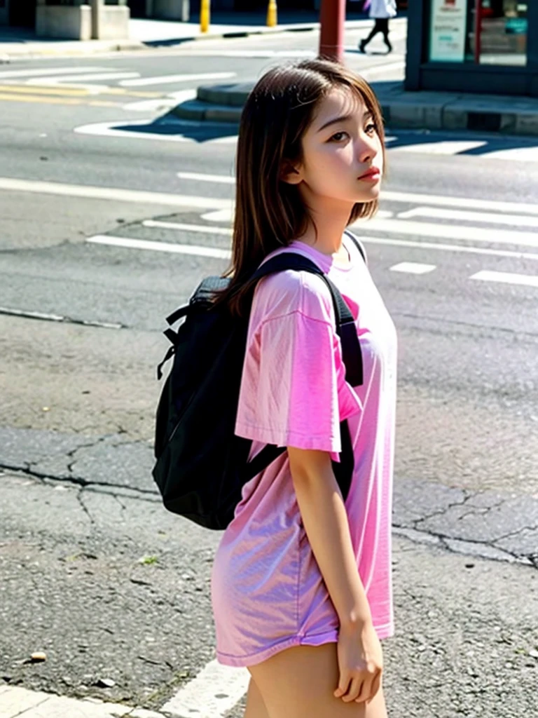 masterpiece, High resolution, Portraiture, highest quality, High resolution,
(1. Female:1.3), Realistic, alone, Wear a T-shirt and miniskirt, , Daytime shopping, street, The city will carry pink school bags, Side view, (School backpack:1.0)