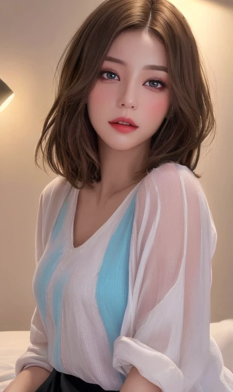 Ultra realistic ((Top Quality、16K、​masterpiece:1.3))、a tall and beautiful woman、Perfect Figure:1.4、retro futuristic aesthetic, young woman (charming) solo, pale-brown hair (short hairstyle), realistic hair, realistic eyes, pale-white skin (highlighted, realistic shading)、huge bust、Highly detailed facial and skin texture、(A detailed eye, Symmetry Eyes, Clear realistic eyes, Double eyelidd、Cold-stricken face、Symmetrical face), very  realistic skin, goth makeup, Royal sisters full of fans、The Telegraph Esbian、peach buttocks, white women's shirt, alternative skirt, black tights,  squart、(Raw foto:1.2)、((Photorealcitic:1.4))Top Quality、​masterpiece、Real Photography、very delicate and beautiful.、super detailed CG、Unity、8K photo wallpaper、delicate detail、best qualtiy、Highly detailed CG unity 16k wallpaper、absurderes、Incredibly Absurd、huge file size、extremely highly detailed、Hight Resolution、ighly Details、Beautiful detail girl、extremely beautiful eyes and face, cute eyes look、Facial light、cinematic lightings、(Proportional hips, thick thighs, beautiful legs, realistic pantyhose) 1girll、see -through, inside a futuristic bedroom, neon soft lights in the dark room environment (soft magenta, cyan and pale-yellow ambient lights) , dream atmosphere、ulzzang-6500、The Telegraph Esbian, different poses at different angles,