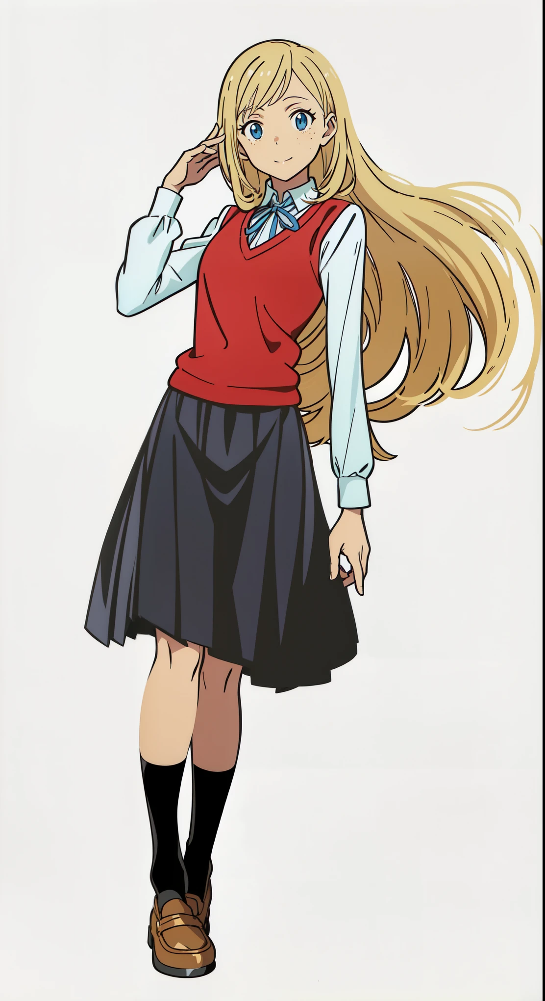 (best quality:1.0), (masterpiece:1.0), (super fine illustration:1.0), (beautiful artwork:1.0), (anime screencap:1.0), (official art:1.0), (european:1.0), (cheerful:1.0), (white background:1.0), (best quality:1.0), (masterpiece:1.0), (super fine illustration:1.0), (beautiful artwork:1.0), (anime screencap:1.0), (official art:1.0), (solo:1.0), (european:1.0), (a 18yo cute girl:1.0), (long skirt:1.0), (black skirt:1.0), (pleated skirt:1.0), (red knit vest:1.0), (white long sleeve collared shirt:1.0), (blue neck ribbon:1.0), (loafers:1.0), (black socks:1.0), (ideal ratio body proportions:1.0), (lanky:1.0), (tall:1.0), (slender:1.0), (small breasts:1.0), (smaller face:1.0), (tareme:1.0), (freckles:1.0), (detailed beautiful eyes:1.0), (detailed beautiful face:1.0), (glowing blue eyes:1.0), (long hair:1.0), (swept bangs:1.0), (blonde hair:1.0), (standing:1.0), (looking at viewer:1.0)