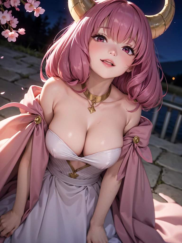 Face close-up、short hair、girl1、smile、cherry blossoms、red eyes、Open your mouth、Pink Lips、Large Breasts、Cleavage、night、Starry Sky、Hide your arms behind your body、Glowing Hair、moonlight、(looking down:1.2)、inwardly curled hair、Two horns