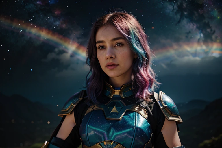 women with rainbow colored hair and detailed teal dress armor, standing, rainbow colored cosmic nebula background, stars, galaxies, intricate details, perfect face