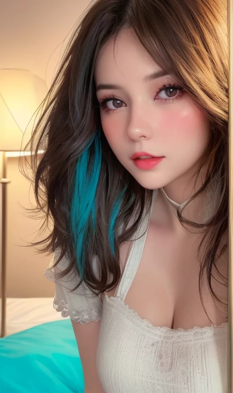 Ultra realistic ((Top Quality、16K、​masterpiece:1.3))、a tall and beautiful woman、Perfect Figure:1.4、retro futuristic aesthetic, young woman (charming) solo, pale-brown hair (short hairstyle), realistic hair, realistic eyes, pale-white skin (highlighted, realistic shading)、huge bust、Highly detailed facial and skin texture、(A detailed eye, Symmetry Eyes, Clear realistic eyes, Double eyelidd、Cold-stricken face、Symmetrical face), very  realistic skin, goth makeup, Royal sisters full of fans、The Telegraph Esbian、peach buttocks, white women's shirt, alternative skirt, black tights,  squart、(Raw foto:1.2)、((Photorealcitic:1.4))Top Quality、​masterpiece、Real Photography、very delicate and beautiful.、super detailed CG、Unity、8K photo wallpaper、delicate detail、best qualtiy、Highly detailed CG unity 16k wallpaper、absurderes、Incredibly Absurd、huge file size、extremely highly detailed、Hight Resolution、ighly Details、Beautiful detail girl、extremely beautiful eyes and face, cute eyes look、Facial light、cinematic lightings、(Proportional hips, thick thighs, beautiful legs, realistic pantyhose) 1girll、see -through, inside a futuristic bedroom, neon soft lights in the dark room environment (soft magenta, cyan and pale-yellow ambient lights) , dream atmosphere、ulzzang-6500、The Telegraph Esbian, different poses at different angles,