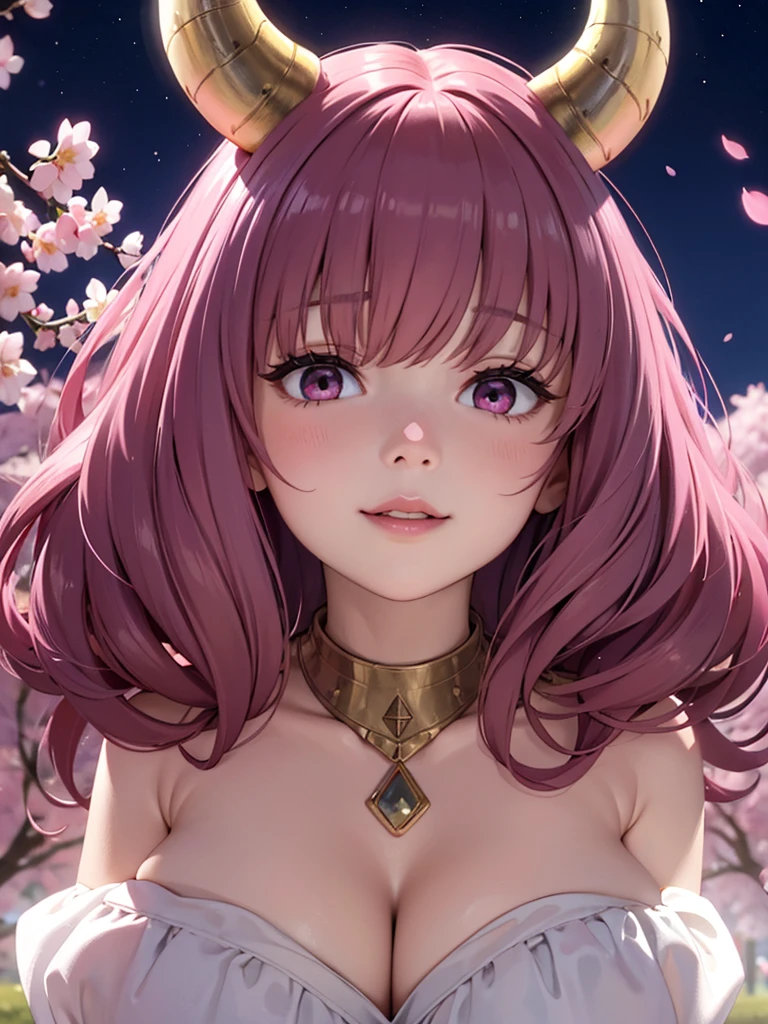 Face close-up、short hair、girl１、smile、cherry blossoms、red eyes、Open your mouth、Pink Lips、Large Breasts、Cleavage、night、Starry Sky、Hide your arms behind your body、Glowing Hair、moonlight、(looking down:1.2)、inwardly curled hair、Two horns