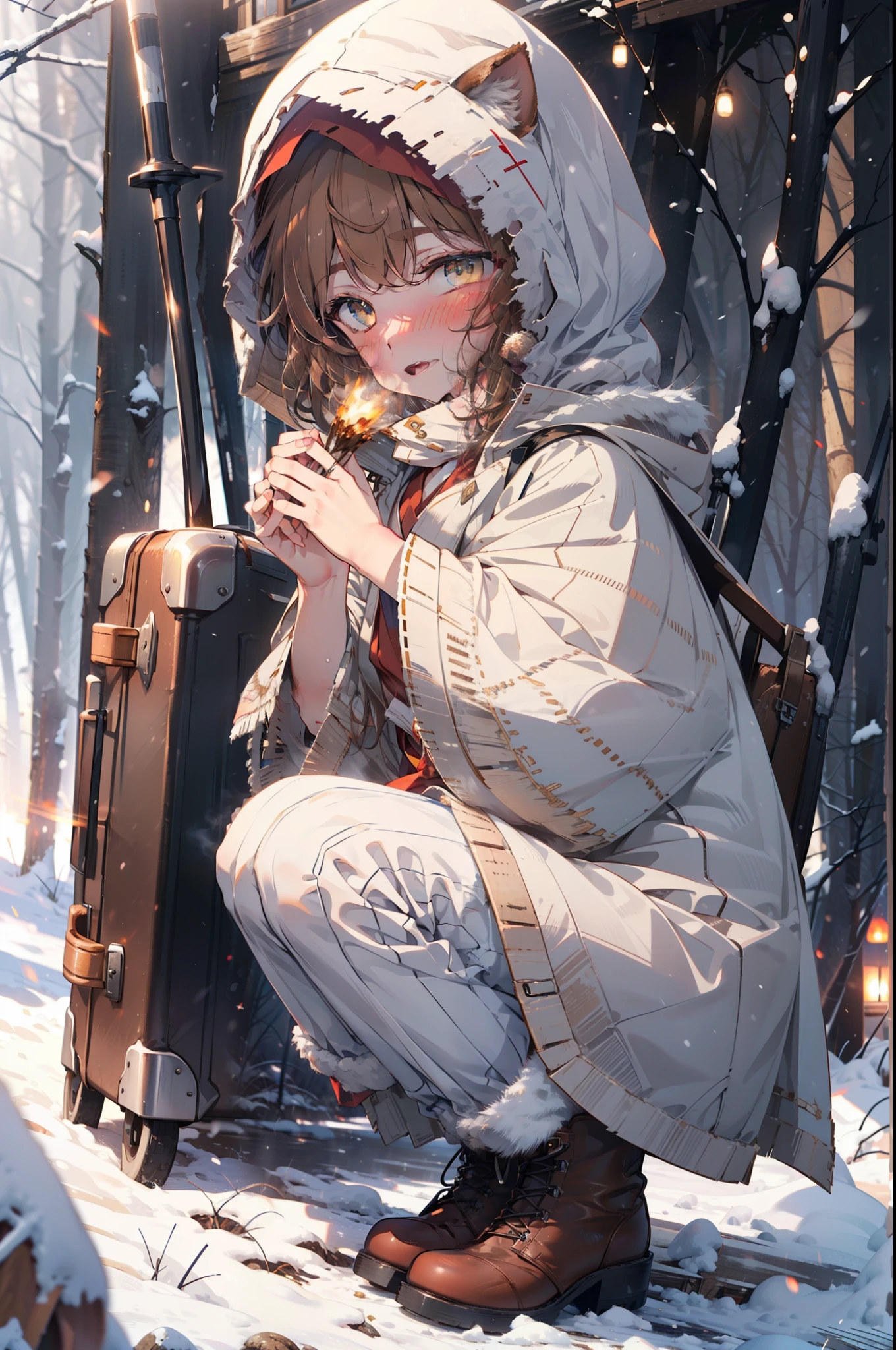 Liliru Card, Liliruca gets burned, Animal ears, (Brown eyes:1.7), Brown Hair, (Flat Chest:1.2), short hair,smile,blush,White Breath,
Open your mouth,snow,Ground bonfire, Outdoor, boots, snowing, From the side, wood, suitcase, Cape, Blurred, having meal, forest, White handbag, nature,  Squat, Mouth closed, Cape, winter, Written boundary depth, Black shoes, red Cape break looking at viewer, Upper Body, whole body, break Outdoor, forest, nature, break (masterpiece:1.2), highest quality, High resolution, unity 8k wallpaper, (shape:0.8), (Beautiful and beautiful eyes:1.6), Highly detailed face, Perfect lighting, Highly detailed CG, (Perfect hands, Perfect Anatomy),