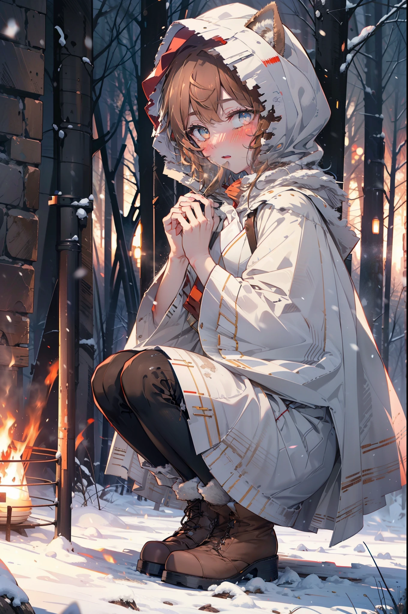 Liliru Card, Liliruca gets burned, Animal ears, (Brown eyes:1.7), Brown Hair, (Flat Chest:1.2), short hair,smile,blush,White Breath,
Open your mouth,snow,Ground bonfire, Outdoor, boots, snowing, From the side, wood, suitcase, Cape, Blurred, having meal, forest, White handbag, nature, Squat, Mouth closed, Cape, winter, Written boundary depth, Black shoes, red Cape break looking at viewer, Upper Body, whole body, break Outdoor, forest, nature, break (masterpiece:1.2), highest quality, High resolution, unity 8k wallpaper, (shape:0.8), (Beautiful and beautiful eyes:1.6), Highly detailed face, Perfect lighting, Highly detailed CG, (Perfect hands, Perfect Anatomy),