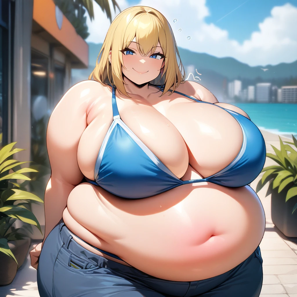 (masterpiece quality, high resolution, detailed background:1.25), (solo, 1 highschool girl:1.5), bikini, (cool, boyish:1.25), (large heavy fat jiggly bouncy wobbly breasts:1.35), looking at viewer, smile, long blonde hair, beautiful blue eyes, big chubby belly, very wide fat hips,