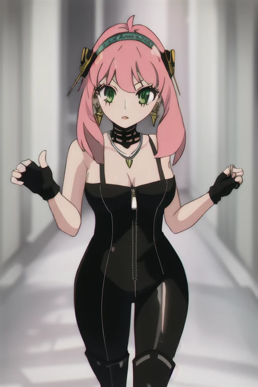 1girl, solo, Anya Forger, Yor Forger, pink hair, green eyes, silver earrings, looking at viewer, long hair with long locks, sidelocks, hair ornament, silver hairband, medium breasts, (thick thighs:0.8), outfit_3, necklace, black jumpsuit, zipper, black fingerless gloves, black thigh boots, standing
