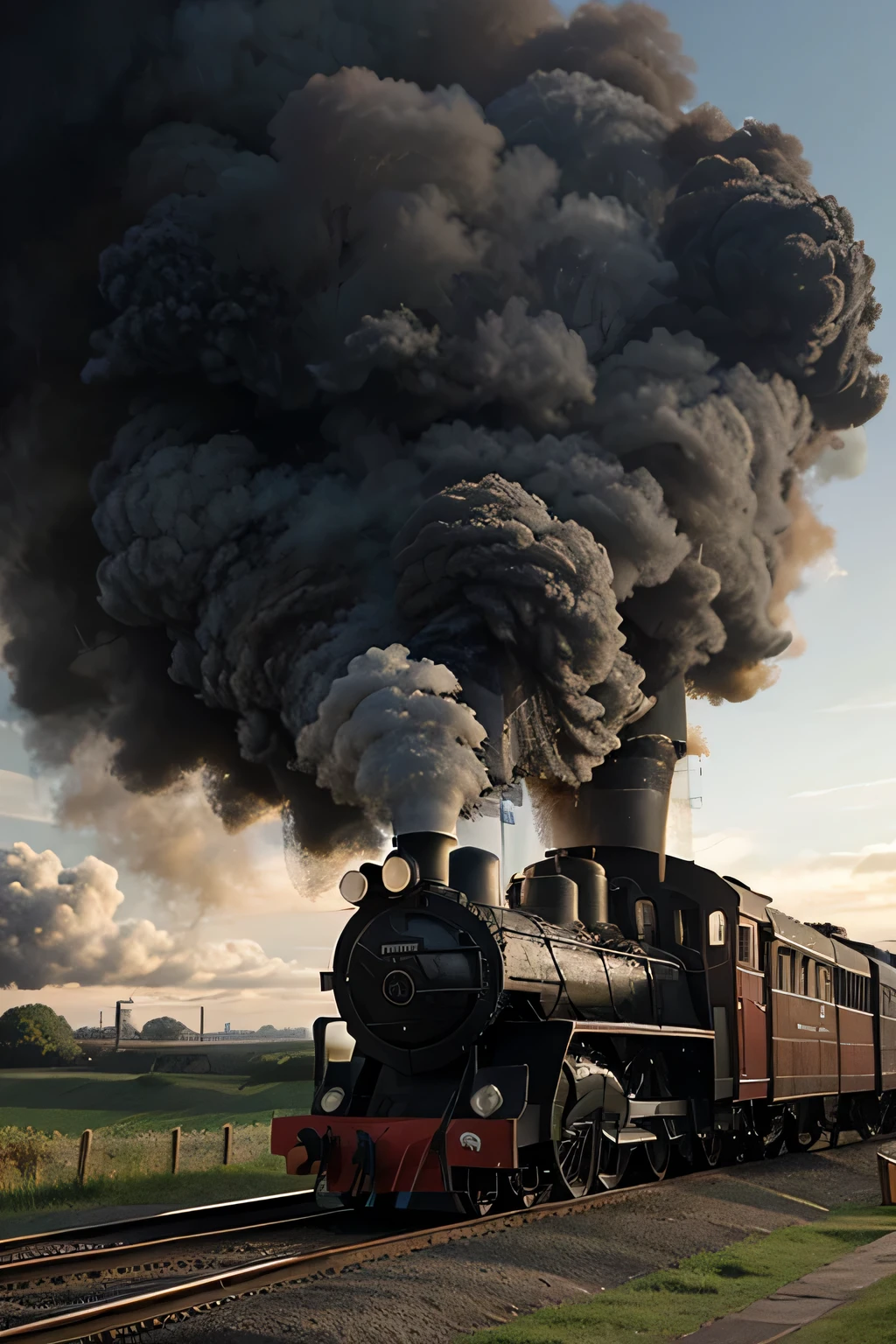 Create an image that represents the first industrial revolution using a steam-powered train, clima da Inglaterra, dia nublado, tons cinzas