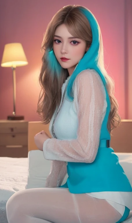 Ultra realistic ((Top Quality、16K、​masterpiece:1.3))、a tall and beautiful woman、Perfect Figure:1.4、retro futuristic aesthetic, young woman (charming) solo, pale-brown hair (short hairstyle), realistic hair, realistic eyes, pale-white skin (highlighted, realistic shading)、huge bust、Highly detailed facial and skin texture、(A detailed eye, Symmetry Eyes, Clear realistic eyes, Double eyelidd、Cold-stricken face、Symmetrical face), very  realistic skin, goth makeup, Royal sisters full of fans、The Telegraph Esbian、peach buttocks, white women's shirt, alternative skirt, black tights,  squart、(Raw foto:1.2)、((Photorealcitic:1.4))Top Quality、​masterpiece、Real Photography、very delicate and beautiful.、super detailed CG、Unity、8K photo wallpaper、delicate detail、best qualtiy、Highly detailed CG unity 16k wallpaper、absurderes、Incredibly Absurd、huge file size、extremely highly detailed、Hight Resolution、ighly Details、Beautiful detail girl、extremely beautiful eyes and face, cute eyes look、Facial light、cinematic lightings、(Proportional hips, thick thighs, beautiful legs, realistic pantyhose) 1girll、see -through, inside a futuristic bedroom, neon soft lights in the dark room environment (soft magenta, cyan and pale-yellow ambient lights) , dream atmosphere、ulzzang-6500、The Telegraph Esbian, different poses at different angles,