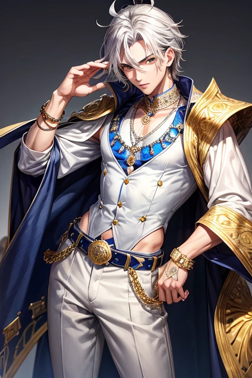 Sultan, 20-year-old man, messy gray hair, gray eyes, gray Arab clothing, dark blue vest with white rabbit prints, silver belt, dark blue striped pants, silver pendant with Arabic symbol with sapphire gems, gold rings in both. hands complexion slim muscular palace background