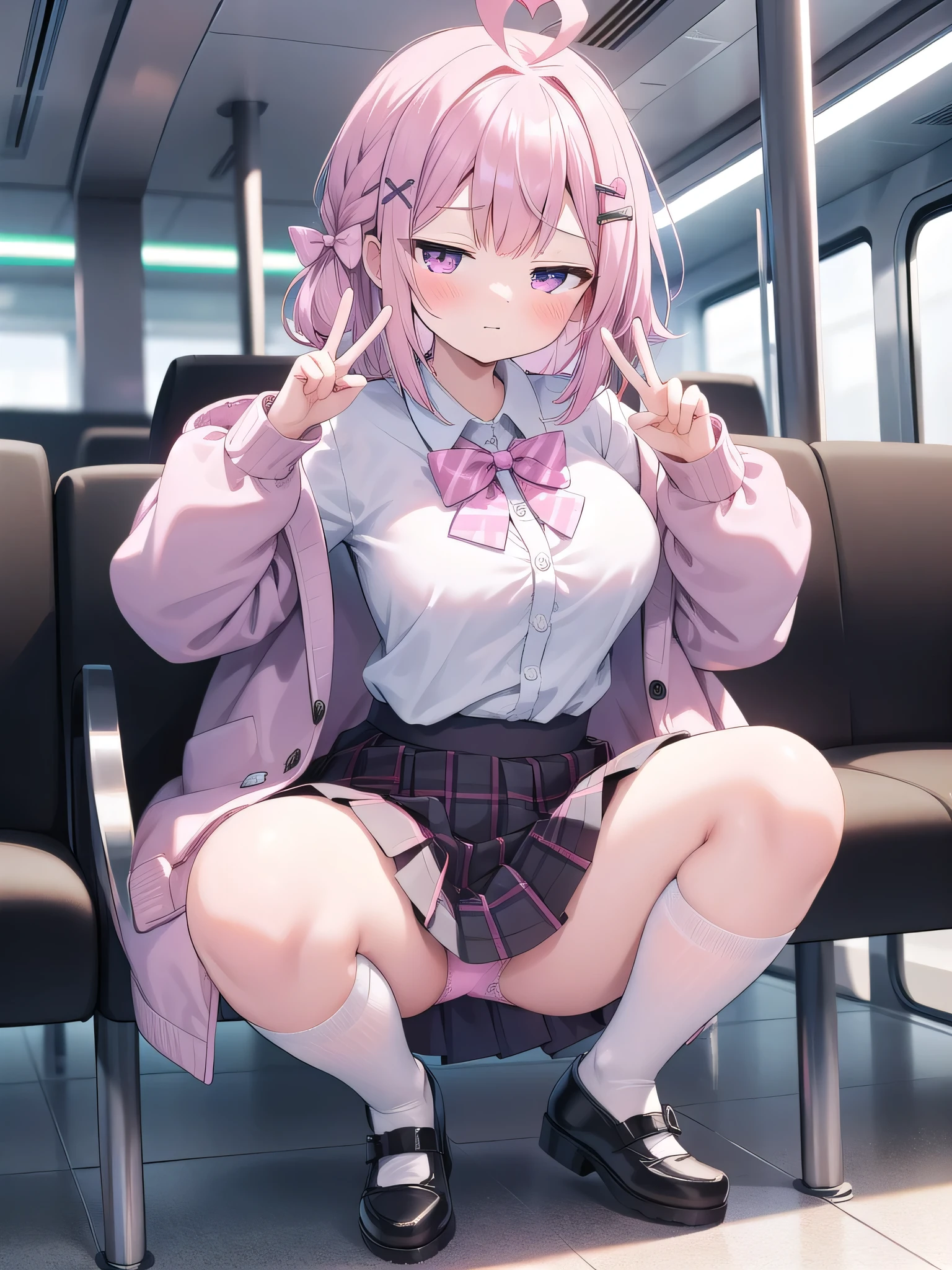 Double Peace Sign,Pink Panties,Big breasts with legs spread,High Resolution 1girl Ahoge Bobby_pin bow bowtie braid brOwn_目s collared_shirt dojikko_Temporarily stop_shirt frilled_shirt_Color Free Joint_skirt frills hair_bow hair_ornament hairpin hand_in addition_Own_head, heart, heart_hair_Decorative hood_jacket jacket lin additiong_Pentagon Pink_hair plaid plaid_Ribbon Check_Pleated skirt_skirt shirt shoelaces shoes simple_background sitting skirt solo star_(symbol) twin_Braided Warisa White_Inside the train_Knee socks, whole body