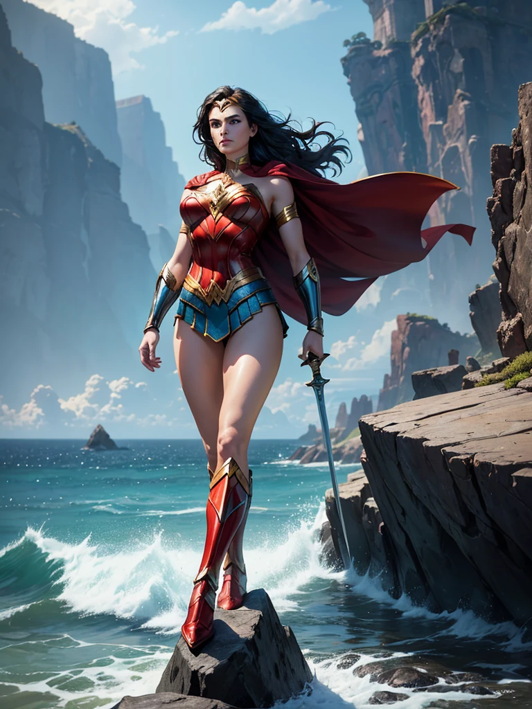 ((fantasy art)), action, heroism, grandeur, power, sensuality, stunning shadows, expertly detailed, epic, powerful and profound. DC Comics Wonder Woman is standing on top of a large rock, she is above us, we have a view from below, she is above the horizon line, Wonder Woman looks incredibly beautiful, slender, dynamic pose, pose action, Knees slightly bent, she is prepared for battle, she is holding a sword in her right hand and a shield in her left hand, her legs are slightly bent, dynamic pose, battle pose, she looks at the camera, her hair is very long and fluttering. Full body, full body. seen from below, she is on top of a large rock, a large wave crashes against the rock she is on, a wave crashes against the rock behind her making the water rise above her head, rising high, it is raining . hero comics style, Jim Lee, Ed Benes, Adam Hughes, Ivan Reis, Frank Cho style. ((best quality)), ((masterpiece)), (high resolution: 1.2), ((best quality)), ((masterpiece)), (high resolution: 1.2)