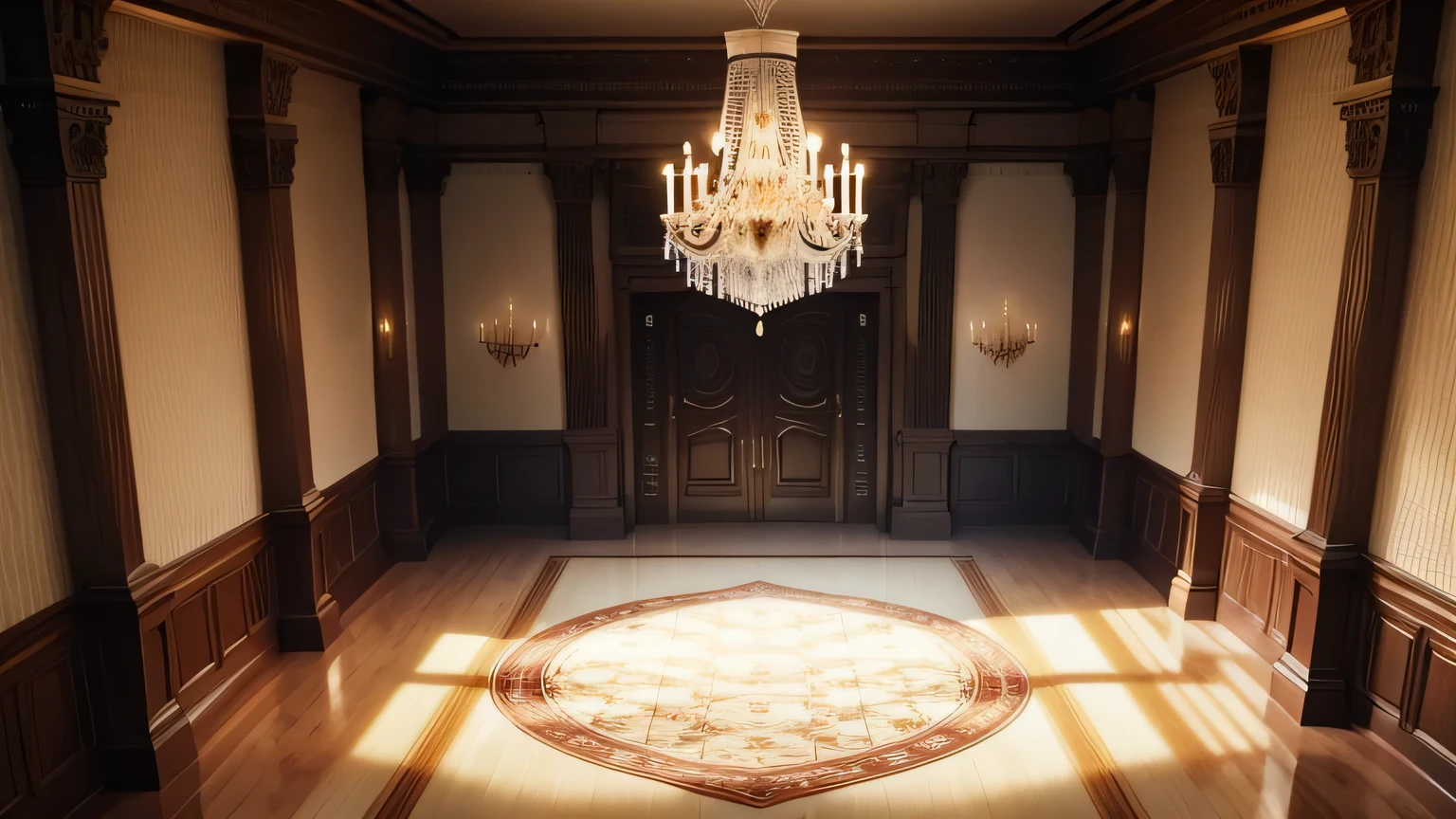 entrance room, Large room, Large chandelier in the middle, Spacious, Wooden horror style, Carte blanche for decoration