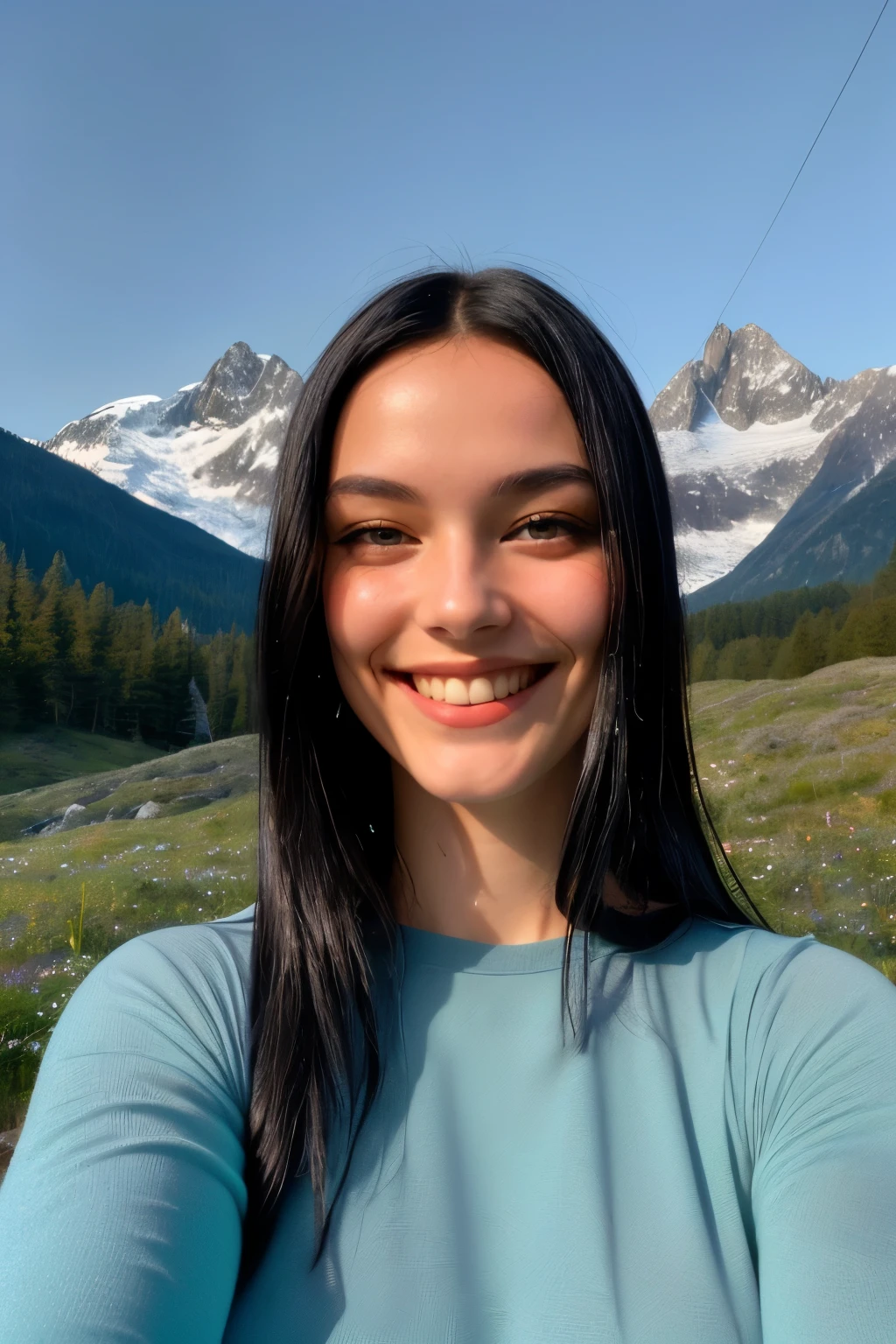 A slender, perfect woman with voluptuous, firm breasts and a substantial, firm derriere of blue-black hair, unique green eyes, and smile lines, ((upper body selfie, exuding happiness)), is captured in this masterpiece, solo, basking in the open air, under the cover of a star-streaked, moonlit night amidst the towering peaks and untouched nature of the mountains. The image is ultra-detailed, with focus on the upper half of her body, wearing a transparent, short Kodak Vision 3 pullover, revealing her wet, softly-lit skin. The cold, frosty hues, film grain, and analog style of the photograph lend