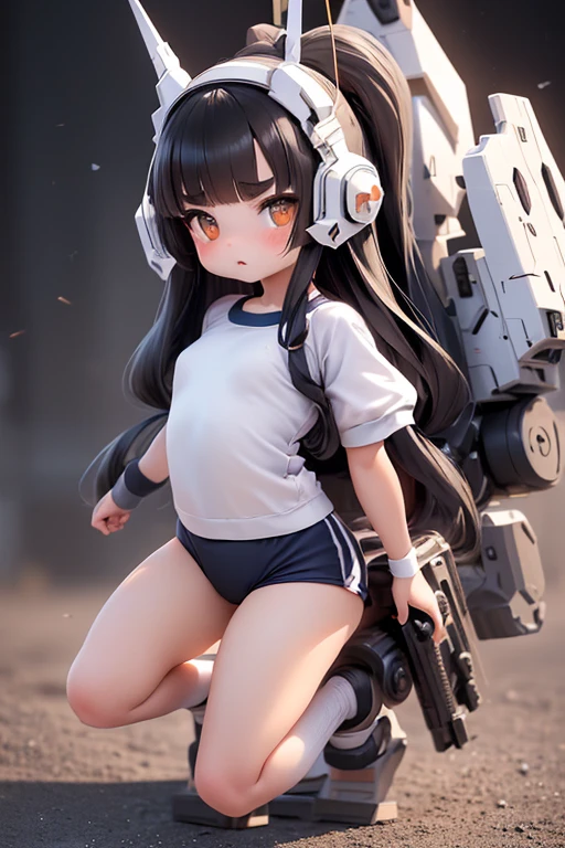 (highest quality)), ((masterpiece)), (Very detailed: 1.3), 3D, {(One Girl)}, (Navy blue bloomers and、Wear a white gym suit with colored hems underneath the armor:1.2), (Black Hair:1.5), Wearing a futuristic Gundam mecha,(Heavy Armor Gundam), With headgear, With V-fin , Armored Shoulders,Armed, Armor under the feet, Short sleeve, Equipped with two huge weapons on its back, Weapon module mounted on the leg, Multi-layer texture perfect ratio, Octane Rendering, Duotone Lighting, Low ISO, wide aperture, White balance, Three-part method, Ultra HD 16k, High resolution (High Dynamic Range), Ray Tracing, NVIDIA, Super Resolution, Scattered beneath the surface, PBR Texturing, Post-processing, Anisotropic Filtering, Depth of written boundary, Maximum clarity and sharpness, Highly efficient subpixels, Subpixel Convolution, Particles of light, Scattered Light, Tyndall effect, whole body:1.5, Combat pose, cute, (cute:1.2), (Long Hair:1.3),Thick eyebrows, Light-colored irises, Big, bright black eyes, Long eyelashes, Small, light-colored, natural lips, (The average face of the Japan idol), (日本人特有のBaby Face:1.3), (), Wide forehead:1.2, Plump Cheeks, Small jaw, In the Hangar,View your viewers,Focus on the eyes 