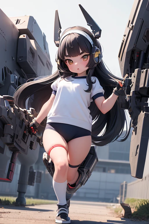 (highest quality)), ((masterpiece)), (Very detailed: 1.3), 3D, {(One Girl)}, (Navy blue bloomers and、Wear a white gym suit with colored hems underneath the armor:1.2), (Black Hair:1.5), Wearing a futuristic Gundam mecha,(Heavy Armor Gundam), With headgear, With V-fin , Armored Shoulders,Armed, Armor under the feet, Short sleeve, Equipped with two huge weapons on its back, Weapon module mounted on the leg, Multi-layer texture perfect ratio, Octane Rendering, Duotone Lighting, Low ISO, wide aperture, White balance, Three-part method, Ultra HD 16k, High resolution (High Dynamic Range), Ray Tracing, NVIDIA, Super Resolution, Scattered beneath the surface, PBR Texturing, Post-processing, Anisotropic Filtering, Depth of written boundary, Maximum clarity and sharpness, Highly efficient subpixels, Subpixel Convolution, Particles of light, Scattered Light, Tyndall effect, whole body:1.5, Combat pose, cute, (cute:1.2), (Long Hair:1.3),Thick eyebrows, Light-colored irises, Big, bright black eyes, Long eyelashes, Small, light-colored, natural lips, (The average face of the Japan idol), (日本人特有のBaby Face:1.3), (Baby Face), Wide forehead:1.2, Plump Cheeks, Small jaw, In the Hangar,View your viewers,Focus on the eyes 