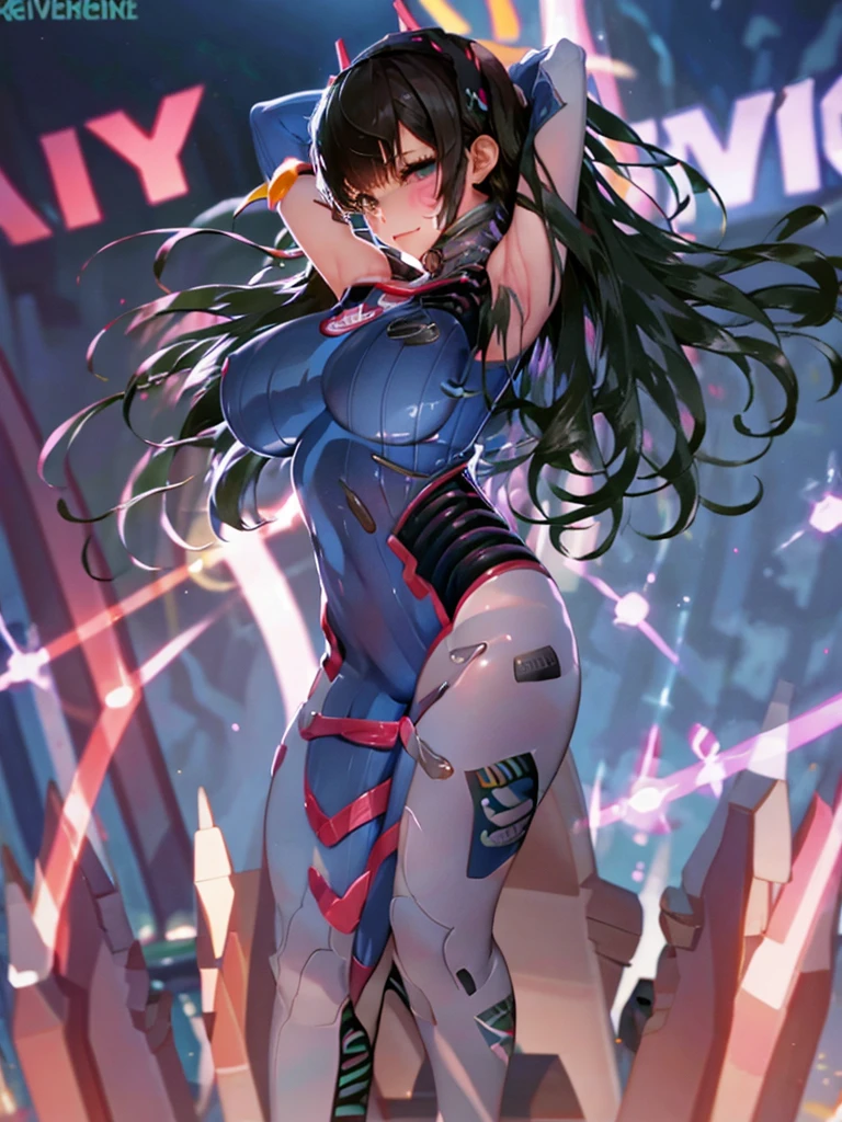 masterpiece, highest quality:1.2), One woman, alone, d.va ,d.va\(overwatch\), ,Shiny skin,、Very thick legs、Long legs、side、Armpit、Put your hands behind your head、Very huge breasts、Composition from the front、Gigantic Breasts:1.98、Are standing、Do not depict below the knees